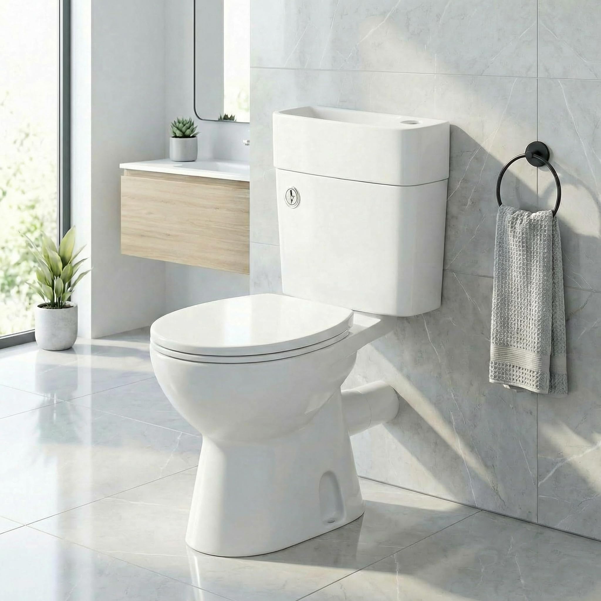 Toilet with Basin on Top, 2-in-1 Close Coupled WC & Wash Basin, Dual Flush Cistern, Soft Close Seat, Space-Saving Cloakroom Bathroom, White Gloss
