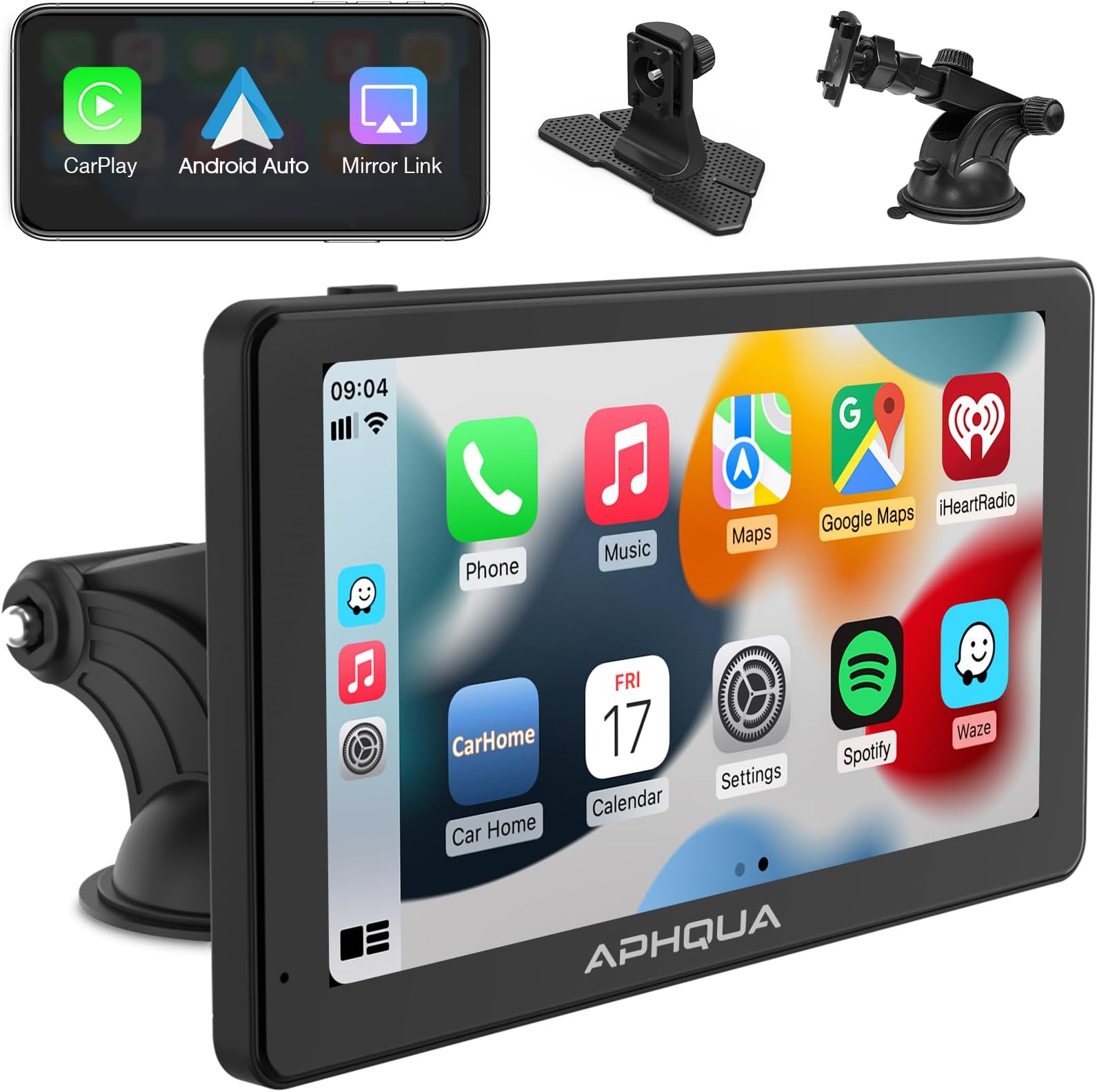 APHQUA A3-2 2024 Apple CarPlay and Android Car Stereo Portable Wireless Car Stereo with Removable Sunshade, 7" IPS Touch Screen Bluetooth Handsfree