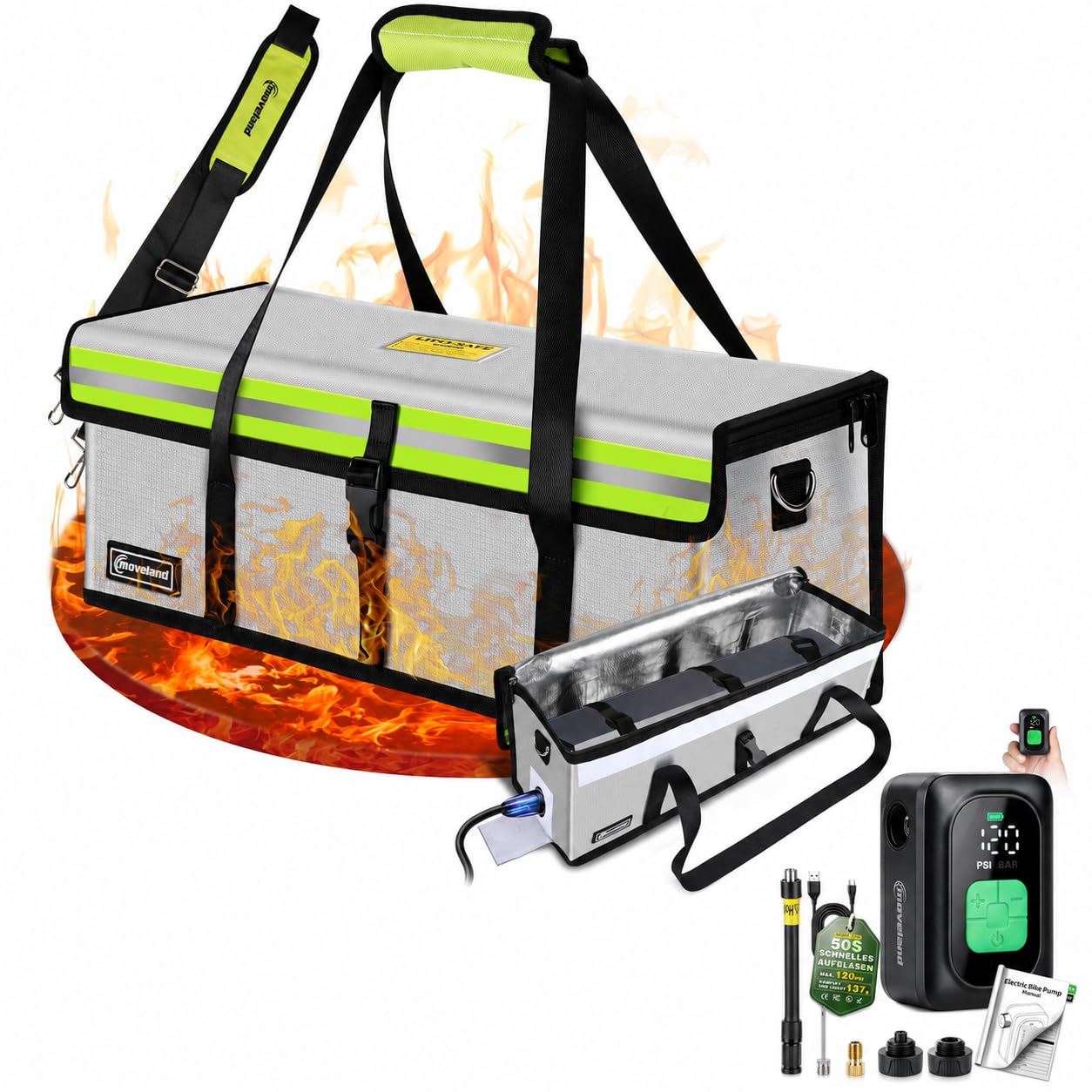 moveland Ebike Akku Tasche Feuerfest+ Mini Fahrradpumpe Elektrisch | Auto-Stopp Elektrische Luftpumpe Fahrrad mit Presta/Schrader Ventilen, Digitalem Manometer für E-Bike, MTB, Stadtrad, Rennrad