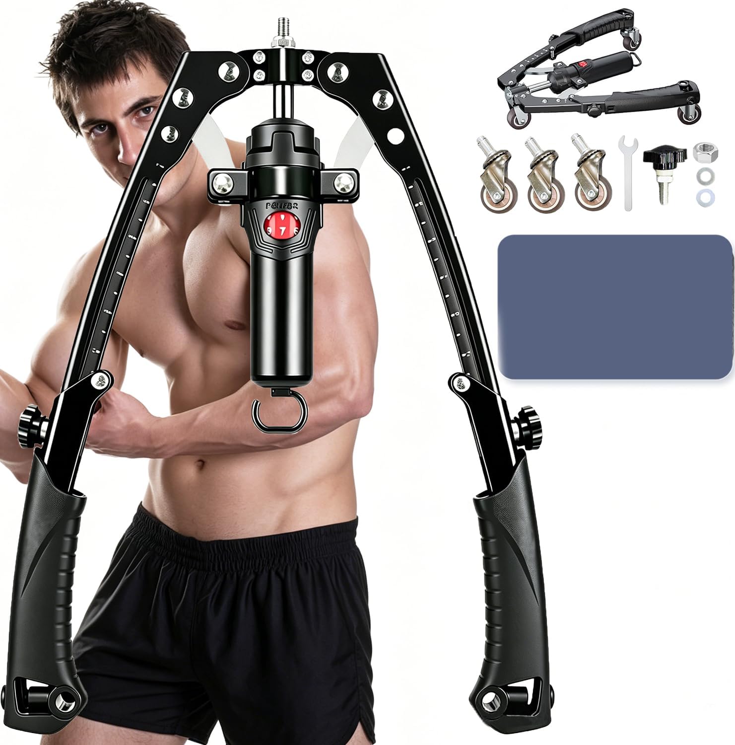 3 in 1 Twister Arm Trainer, Adjustable 22-440 lbs Hydraulic Power Chest Workout Equipment with Ab Roller Wheel, Home Gym for Full Body Strength Training, Arm Exerciser Chest Trainer for Men Women