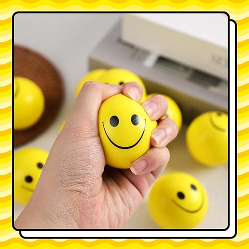 Miniatura 4 de LovesTown 12 bolas para apretar la cara, bolas de estrés facial de 2 pulgadas, bolas amarillas sonrientes, mini bolas de alivio del estrés para