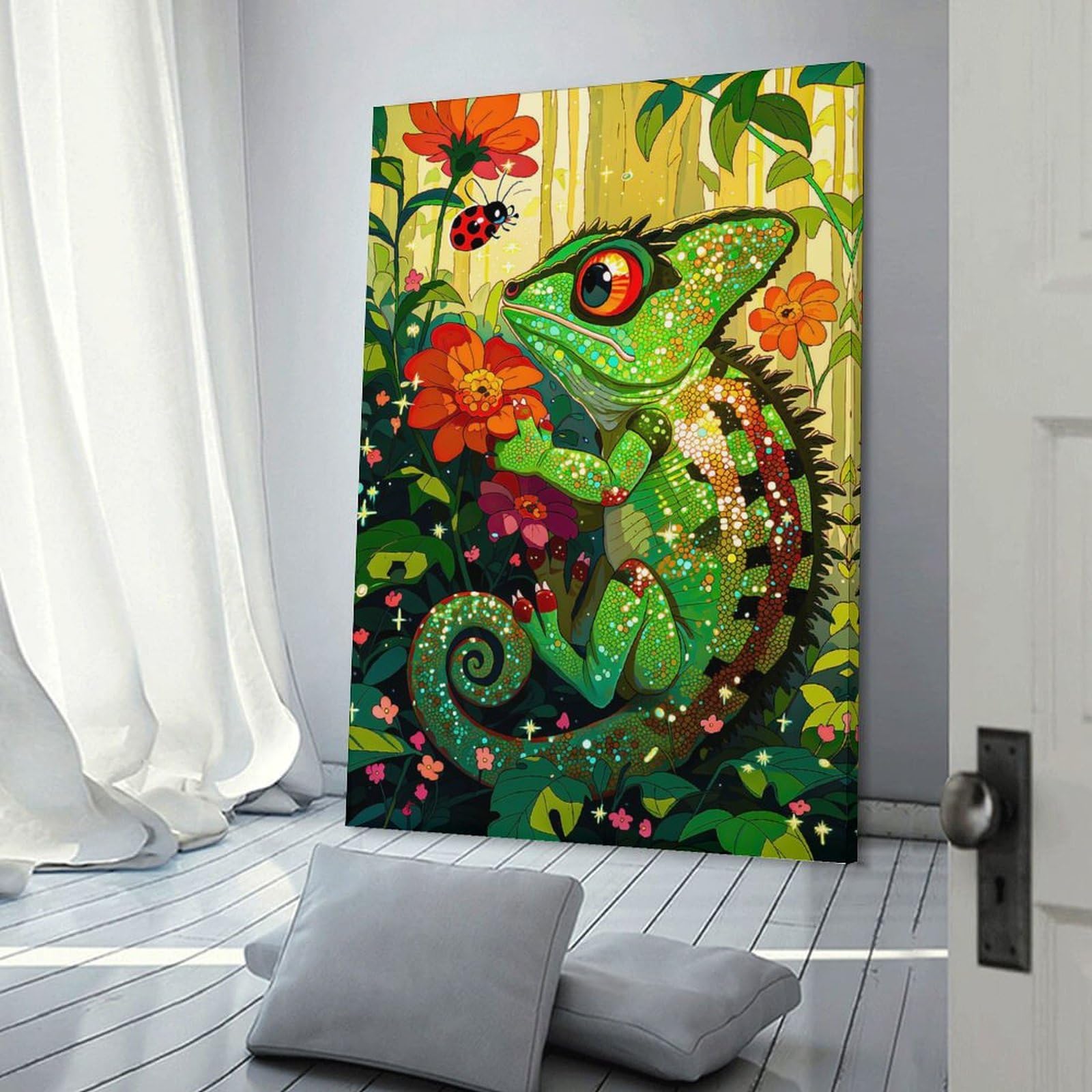 Junmoney Frame-Style-5 Canvas Wall Art Chameleon And Ladybug In A Garden, 16X24inch(40X60cm), For Lounge, Study, Hallway Or Flat Walls, Canvas Wall Art That Fits Changing Layouts