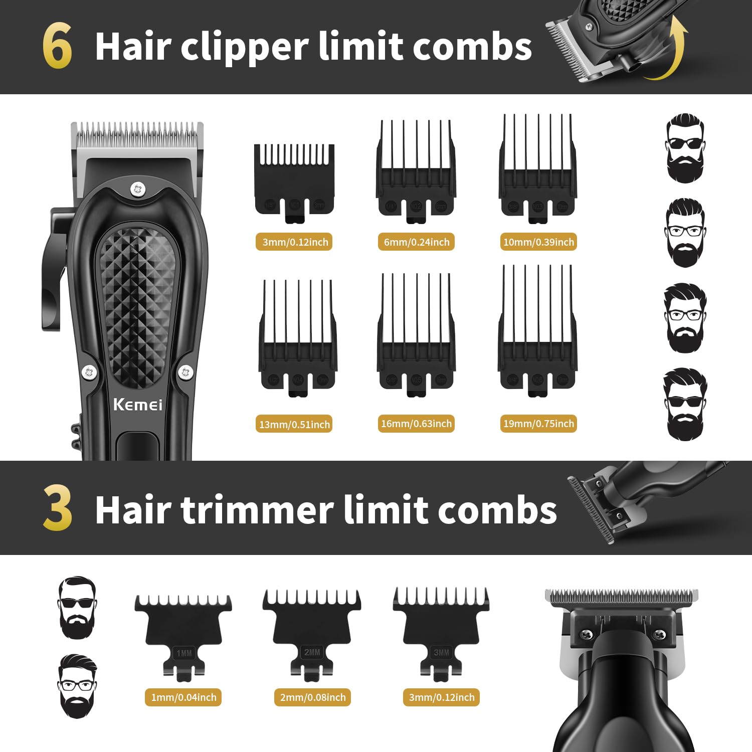 KEMEI Professionelles Haarschneidemaschine Set für Männer, schnurloses Haarschneidemaschine Kit mit Bartschneider & Folienrasierer, R-Type verstellbare Klinge, Baber Clipper, Haarschneide-Kit