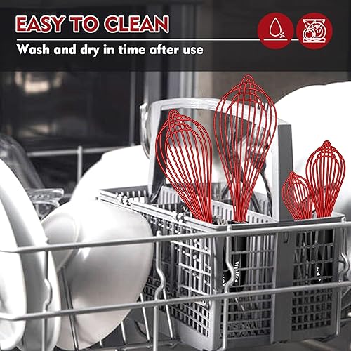Miniatura 8 de Walfos Batidor, batidor de silicona antiarañazos para cocinar, juego de 4 resistentes al calor (480 F). Ideal para mezclar, batir y revolver y
