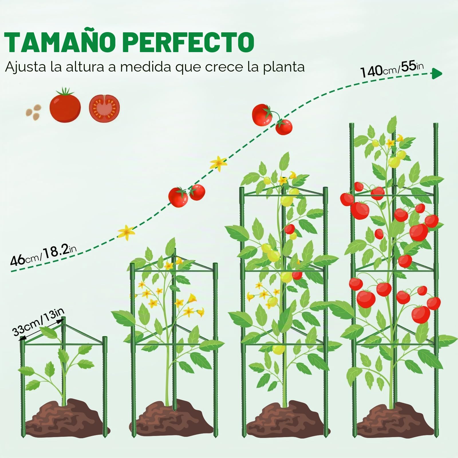 MQUPIN Tomates, soporte para plantas, 3 piezas, 130 cm, altura ajustable, jardín, pepinos, rosas, enrejado, con 20 bridas