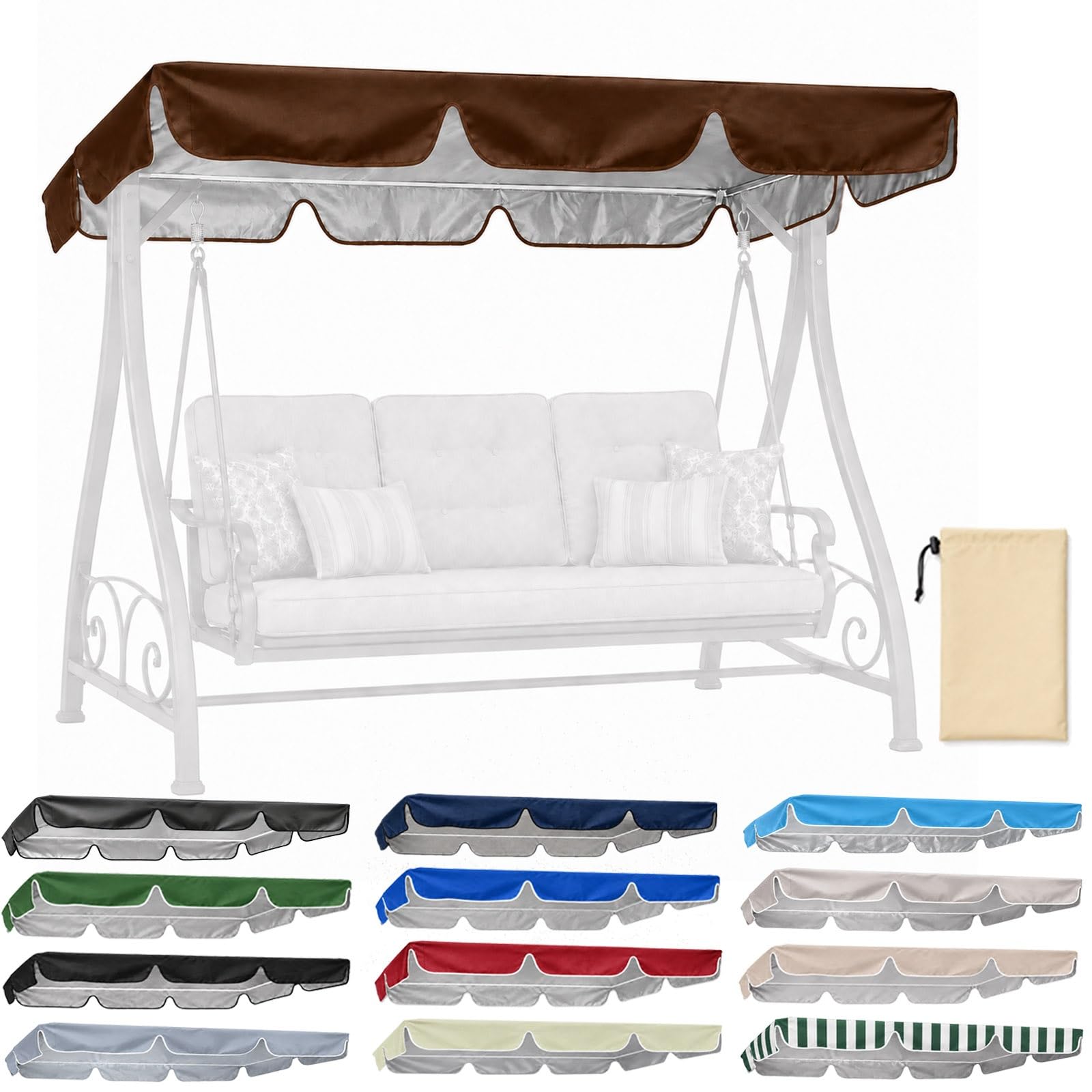 Tettuccio Per Dondolo Da Giardino Copertura Dondolo Elegante Di Ricambio Universale Da Giardino Telo Altalena Hollywood 3 Posti, Oxford 210D, Anti UV, Impermeabile(Brown,L249 x W185 x H18 cm)
