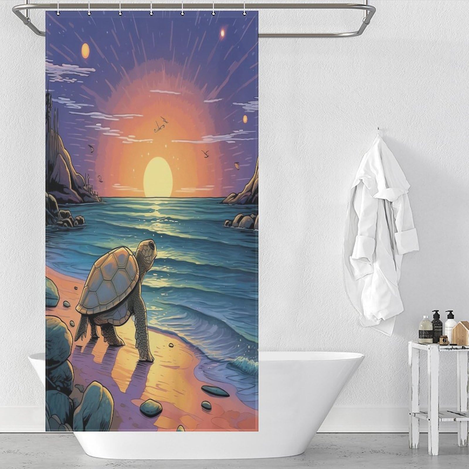 Rideau de douche tortue en tissu lavable de 92x183cm pour baignoire d'angle