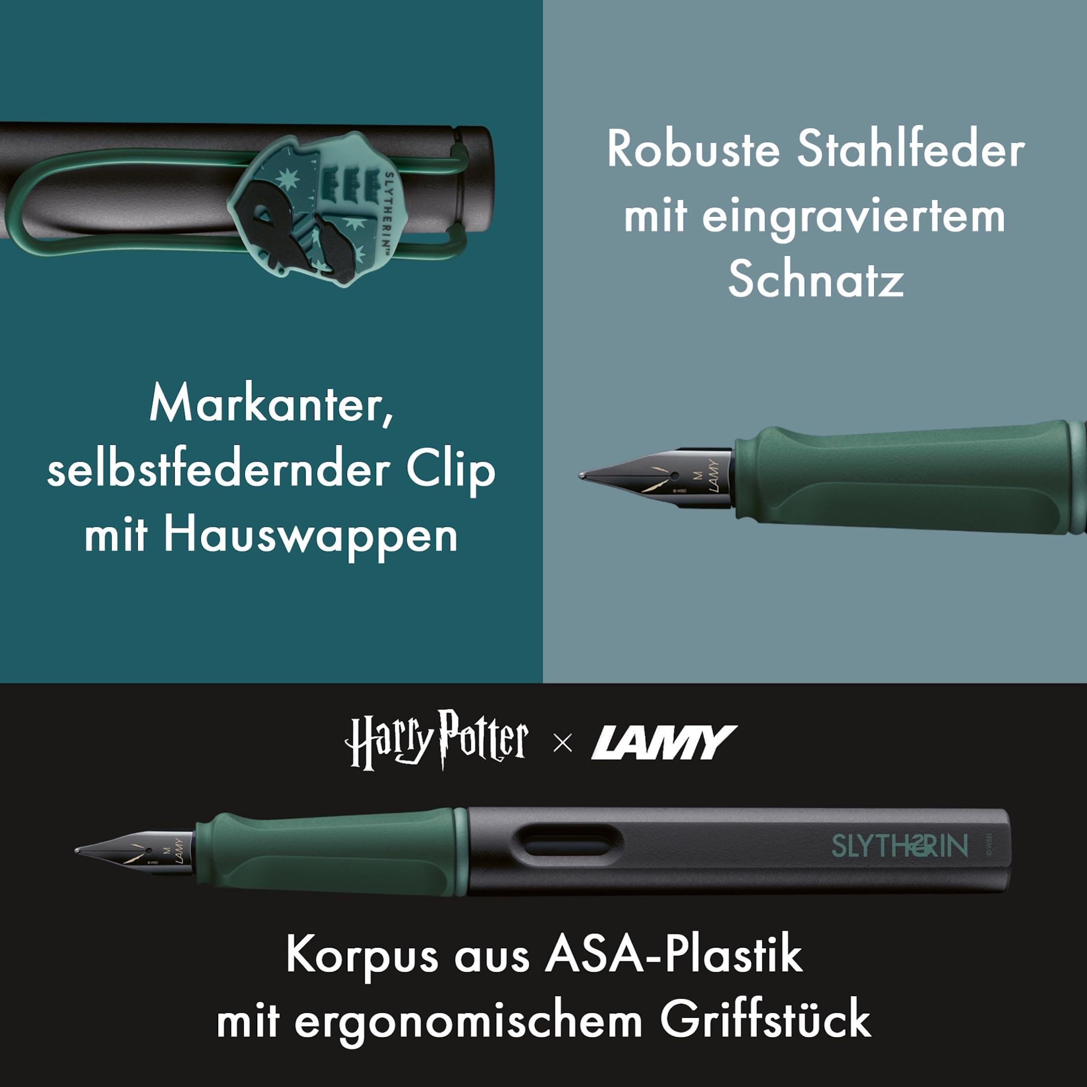 Lamy safari Harry Potter Slytherin™ Füller – Special Edition Füllhalter mit Wappen des Hauses - Stahlfeder in Strichbreite M – mit ergonomischen Griff – inkl. Tintenpatrone T10 blau – Rechtshänder