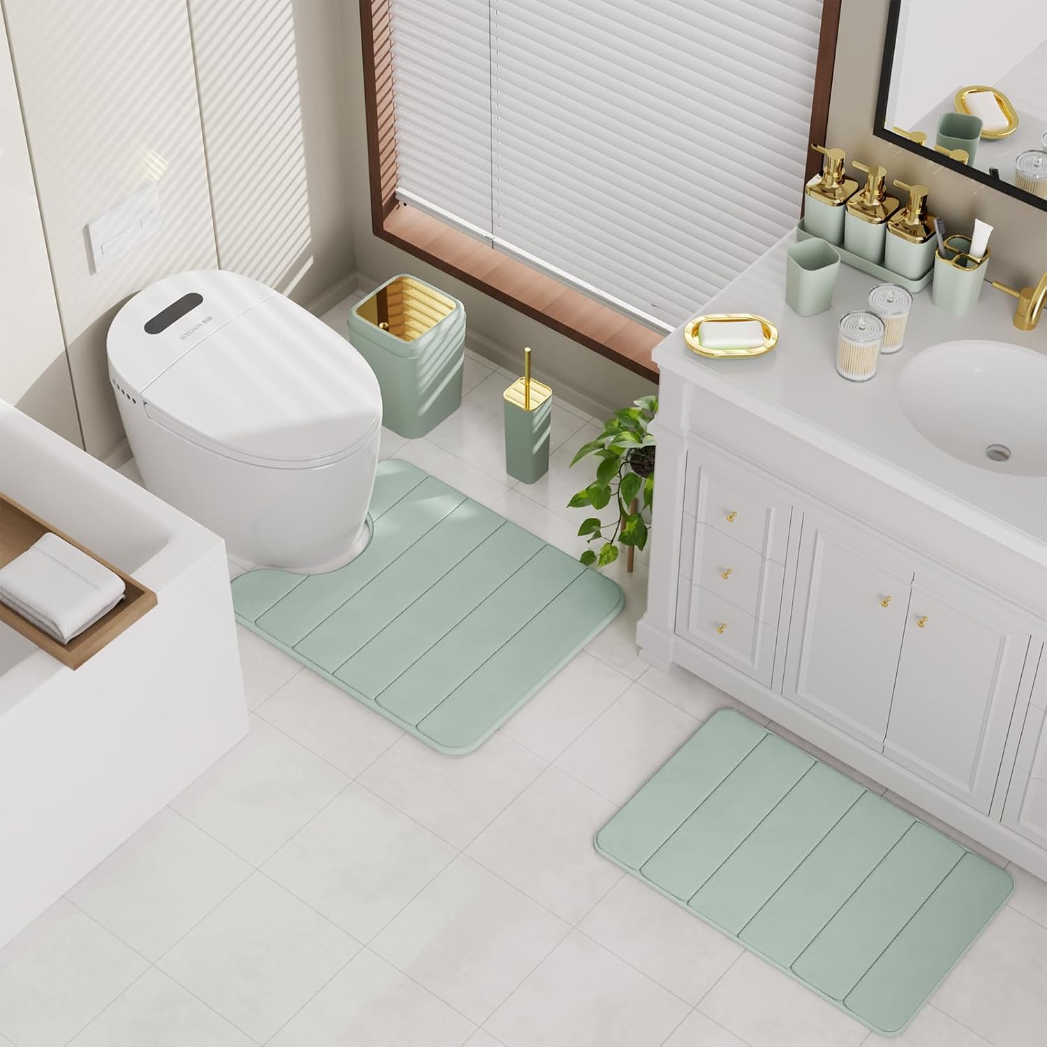 Bathroom Set - 26PC Bathroom Sets with Shower Curtain and Rugs, Bathroom Accessory Set, Sage Green Bathroom Set, Elegant Bathroom Accessories Set, Shower Curtain Set, Trash Can, Soap Dispenser