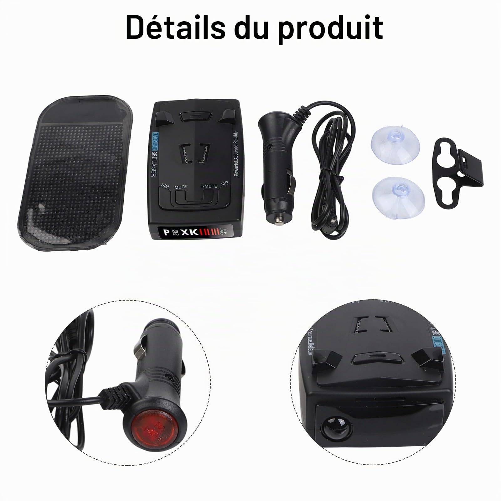 Whychstore Détecteur de radars de véhicule à longue portée, couverture à 360° avec alertes vocales, design compact ABS pour