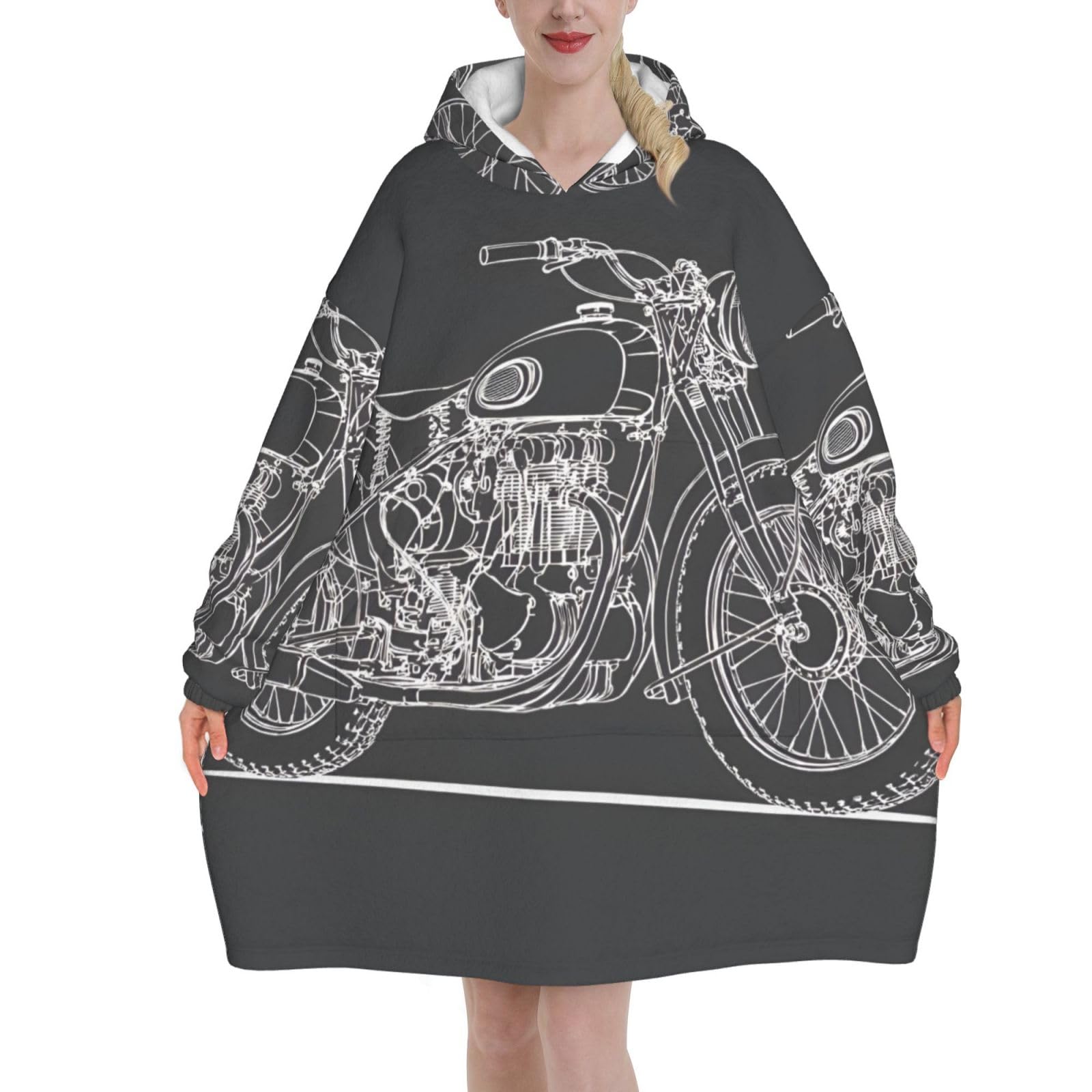 Asbwuo Unisex As Pic Ultra Warm Blanket Hoodie, Vintage Motorcycle Flannel Hooded Wearable Blanket With Kangaroo Pocket, Ideal For Cold Winter Mornings