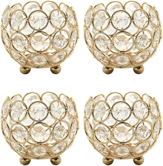 VINCIGANT Candlesticks Tea Light Candle Holder Gold Crystal Wedding Table Decorations, 4pcs Set