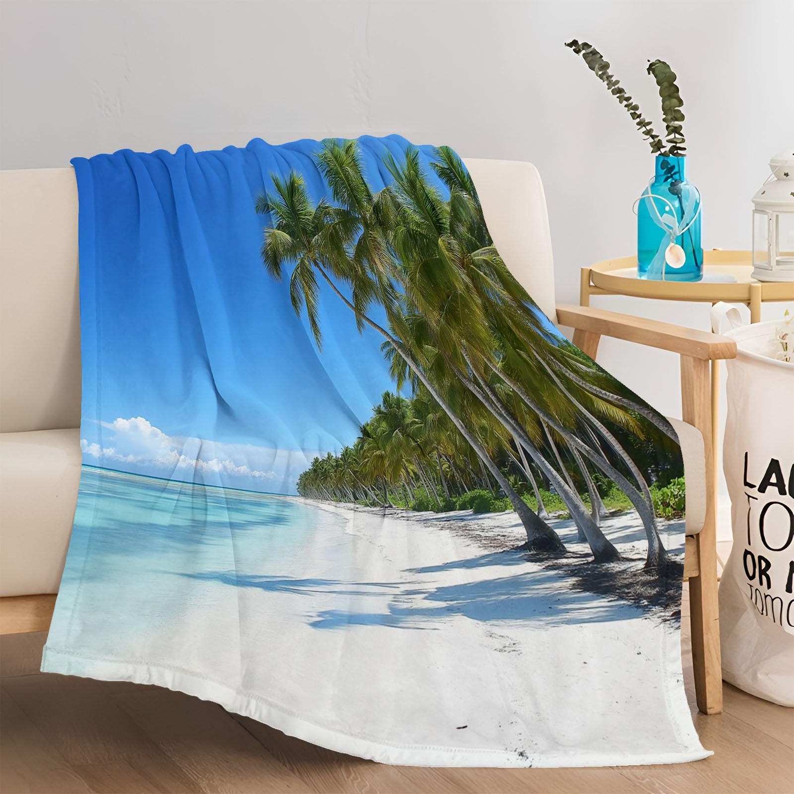Koc flanelowy, koc do przytulania, niebieski, zielony, na kanapę, lekki, miękki, przytulny koc dekoracyjny do salonu, 3D, naturalny tropikalna plaża, ciepły koc do mieszkania, 200 x 220 cm