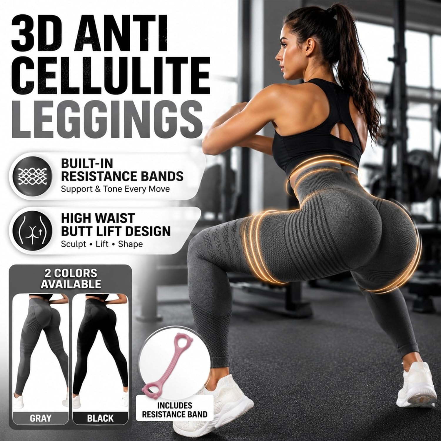 3D Anti Cellulite Compression Leggings for Women, High Waist Butt Lift Workout Pants with Resistance Bands