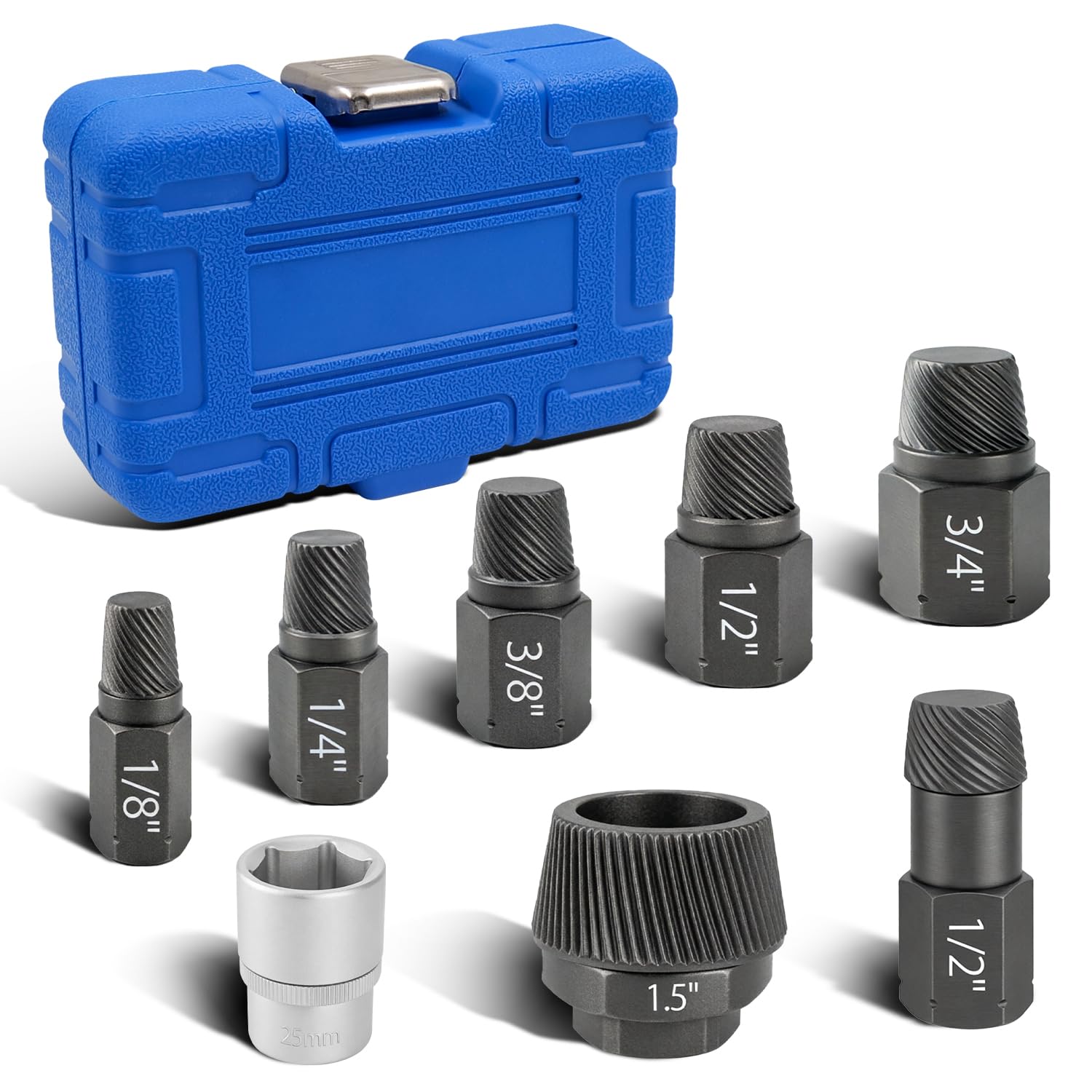 JEUCLEL 1.5" Tub Drain & Pipe Nipple Extractor Set, 8PCS Pipe Nipple Extractor Set with 1 inch 6 Point Socket, Plumbing Tools Kit Remove Rusted, Stubborn, Broken Bathtub Drains & Shower Arms