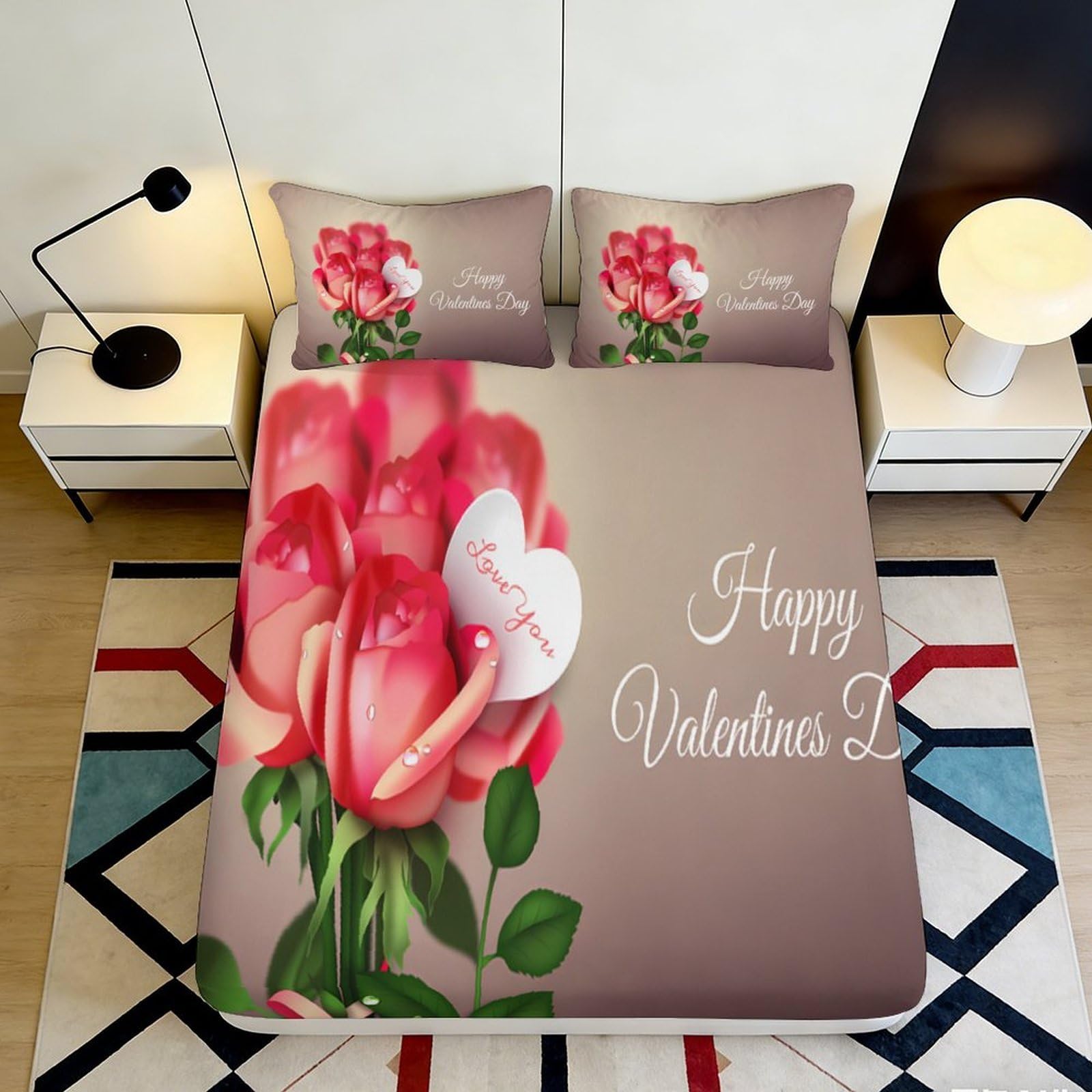 3D Printed Rose Valentine Fitted Sheet Microfiber Pink Floral Heart Bed Cover for Bedroom Guestroom Decor 90x200x25cm