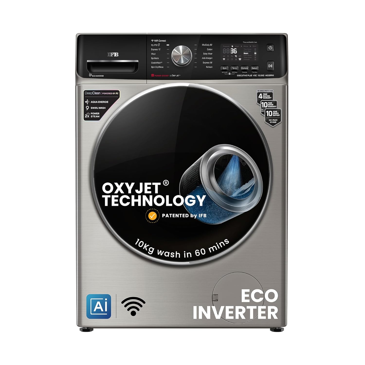 IFB 10Kg 5 Star with Deep Clean Oxyjet Technology, AI Powered, Fully Automatic Front Load Washing Machine (EXECUTIVE PLUS VSC 1014, Steam Refresh Program, Wi-Fi, Eco Inverter, SUS VCM, silver)