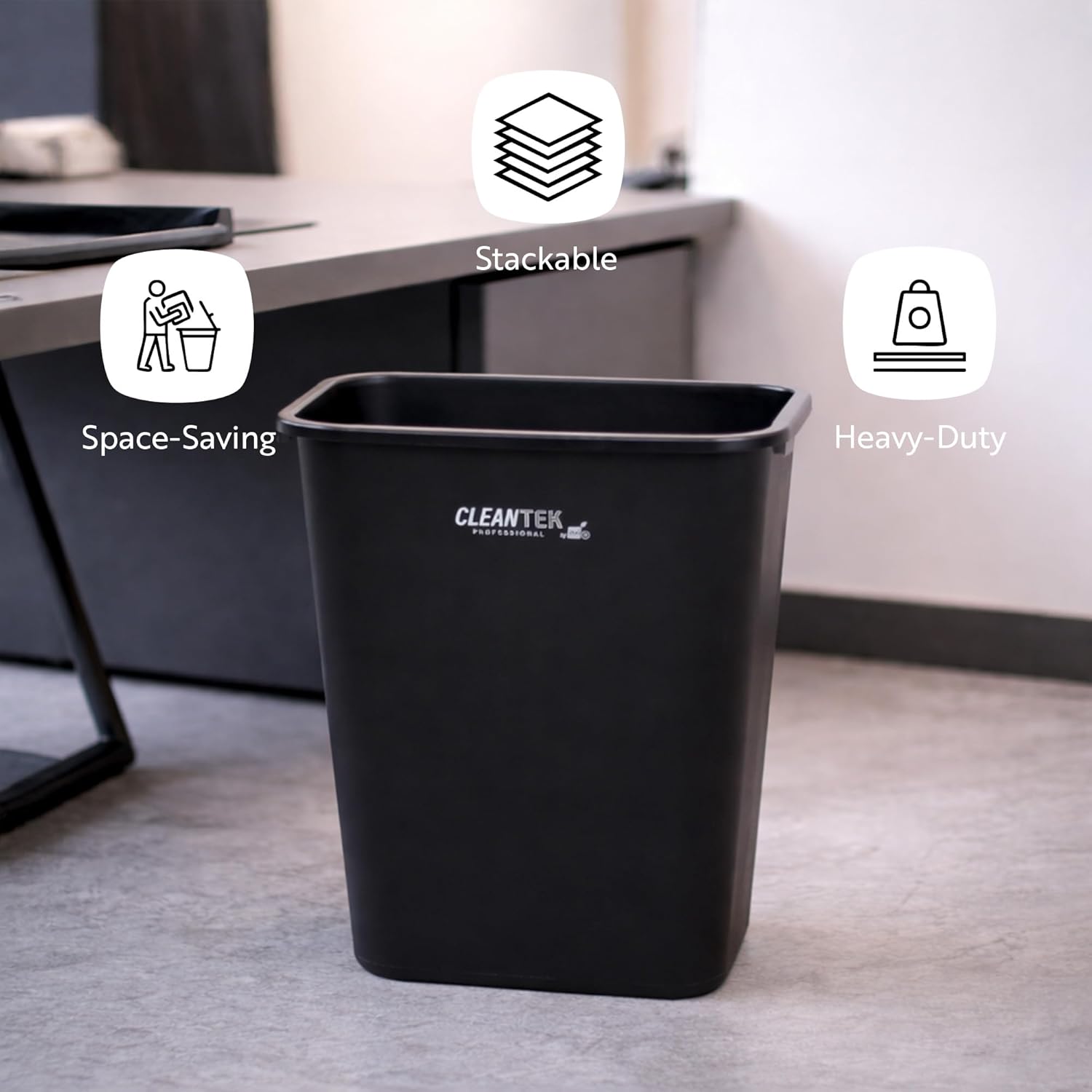 Restaurantware Rectangular Trash Can 1 Count Black Plastic 7 Quart Wastebasket, Office Bin Space-Saving Heavy-Duty Black Waste Bin for Indoor Office Kitchen, or Restroom Use
