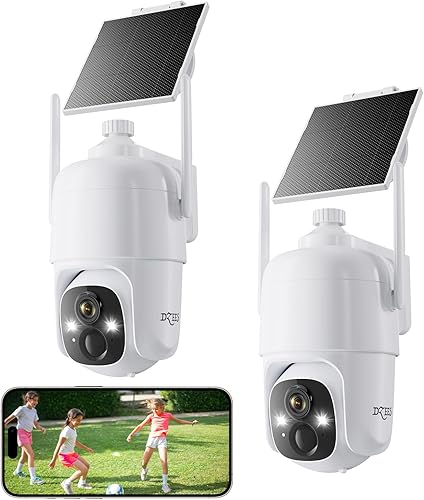 Dzees Cámaras de seguridad solares inalámbricas para exteriores, cámara de seguridad alimentada por batería 2K, cámara PTZ de 360 con foco, sirena,