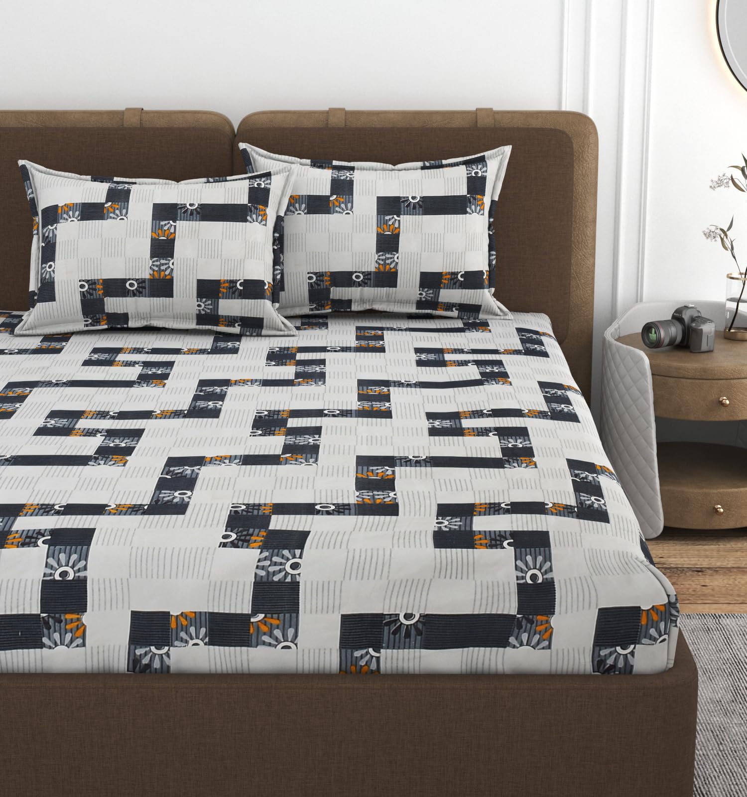 VOMZER 320 TC Cotton Feel All Around Elastic Fitted Bedsheets King Size, Premium Fitted Bedsheets King Size for Double Bed with 2 Pillow Covers, Size- 78” x 72” (White Lines)