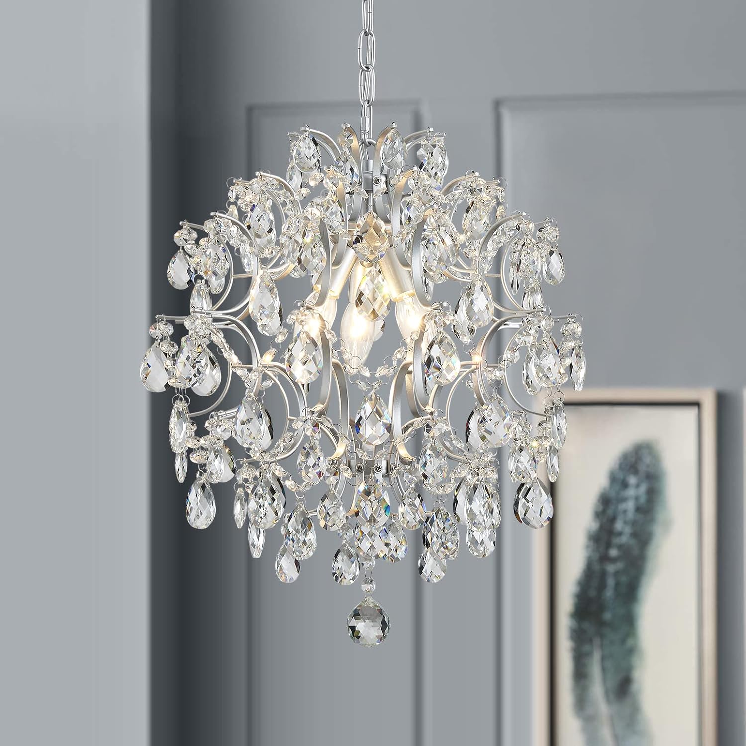 Bestier Chandelier Crystal Raindrop Lighting Ceiling Light Fixture Lamp for Dining Room Bathroom Bedroom Livingroom Entryway 3 E12 Bulbs Required D16 in x H18 in