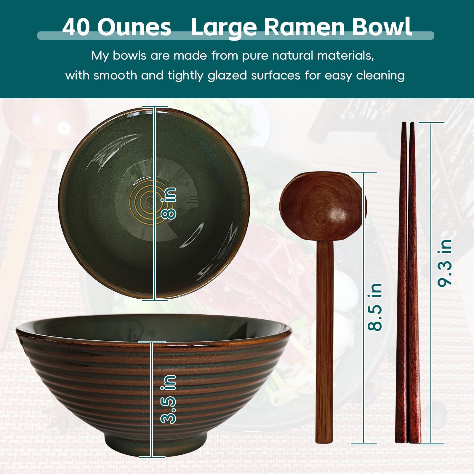 Large Japanese Ramen Bowl Set of 2, Material Safety Ceramic Ramen Bowls with Matching Chopsticks and Spoons, 8 Inch 40oz Pho Bowls Ramen Noodles Bowl for Asian Udon Soup Salad Cereal(Retro Cyan)