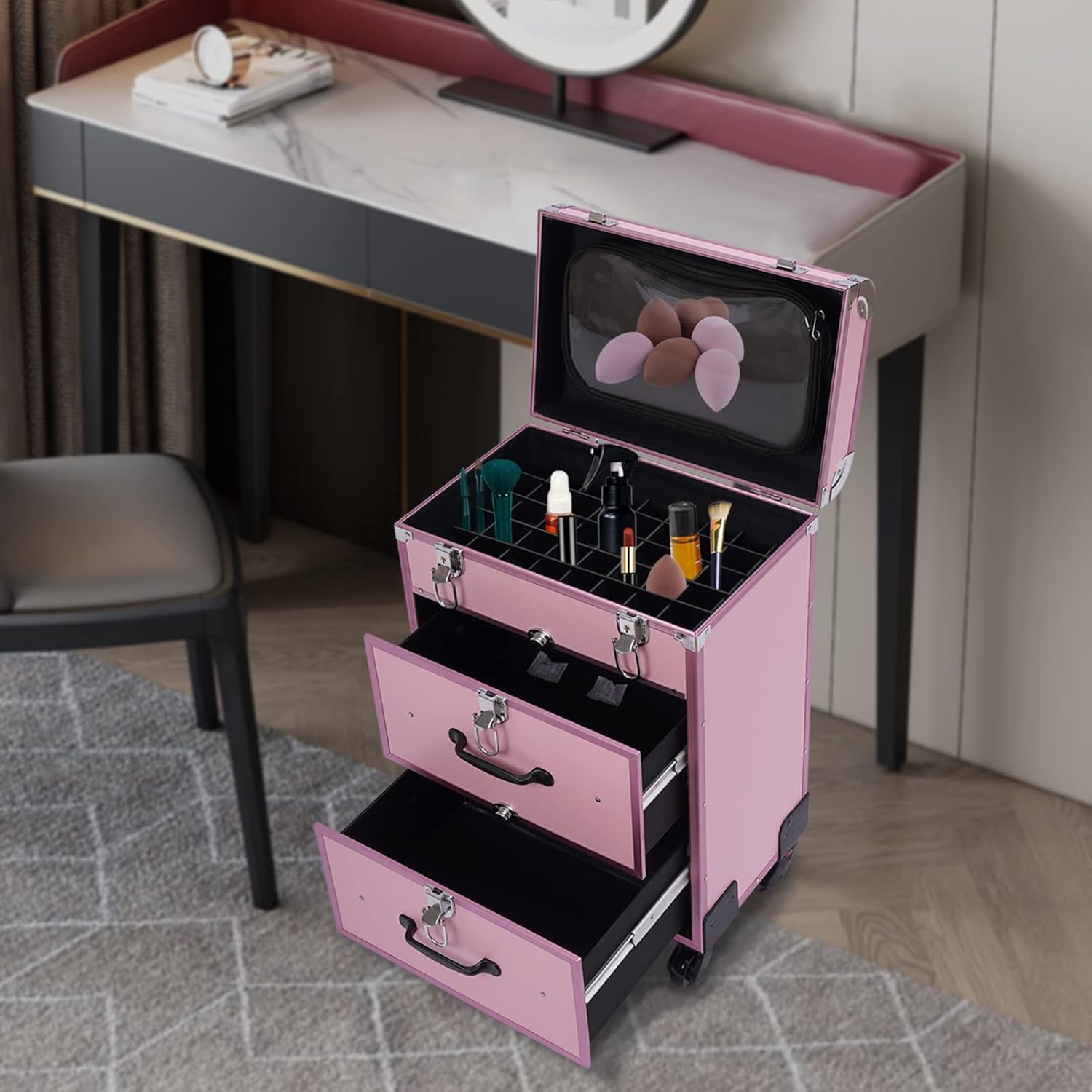 CNCEST Rolling Makeup Train Case,Rolling Makeup Cosmetic Case Trolley Case Nail Polish Organizer for Studio or Travelling Nail Technician Artists Cosmetologist Stylist,with 4 Wheels(PinkB)