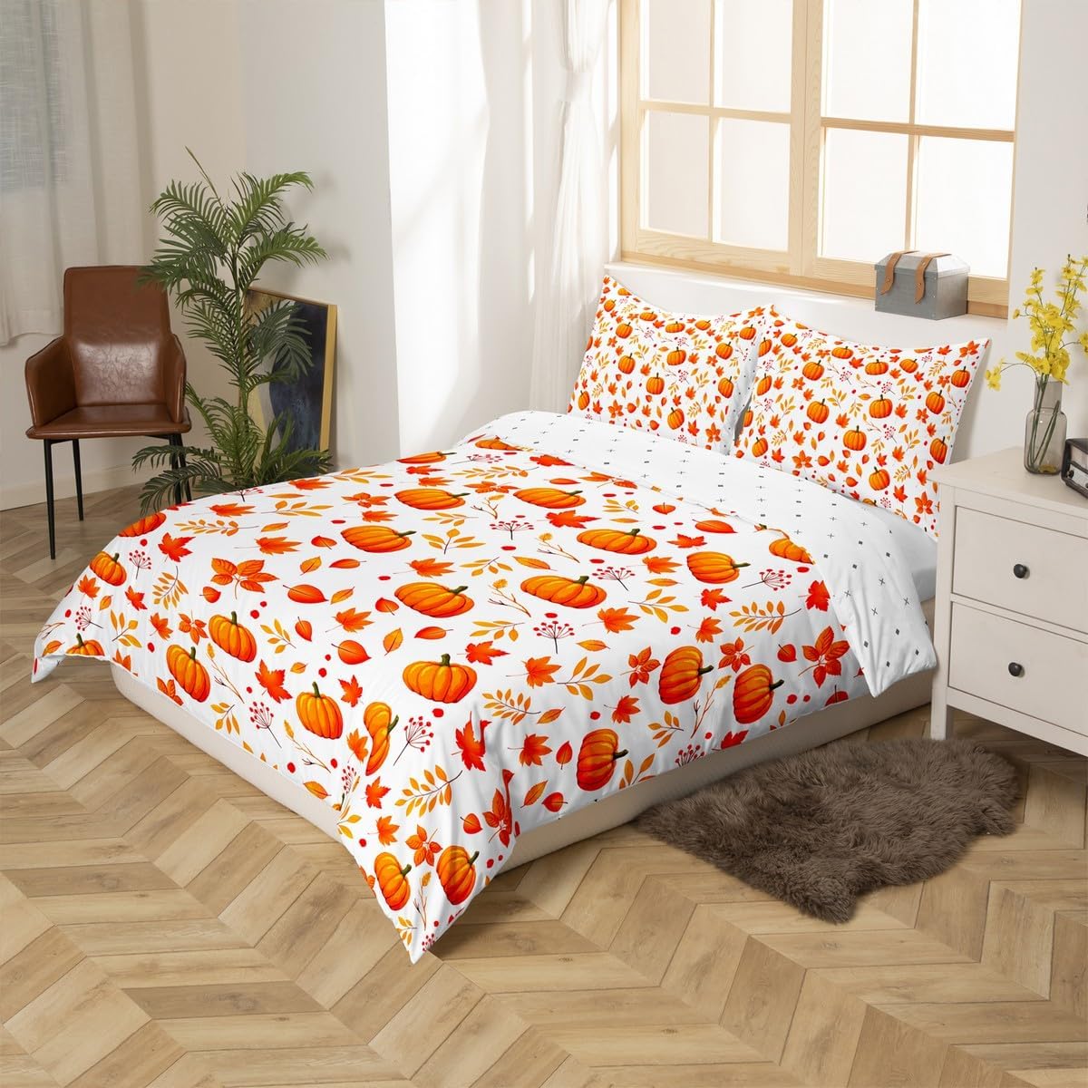 Halloween Pumpkin Comforter Cover Happy Fall Autumn Bedding Sets Twin,Cute Fall Flowers Maple Leaves Duvet Cover Thanksgiving Gifts Quilt Cover For Kids Boys Girls Fall Home Room Decor 1 Pillowcase