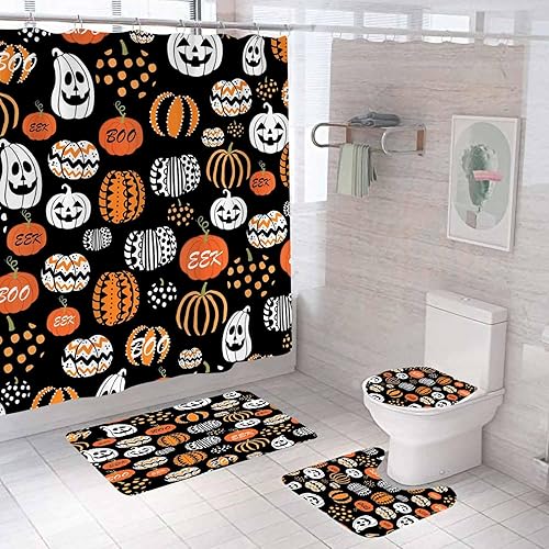 Miniatura 12 de Juego de 4 cortinas de ducha de Halloween con alfombras, divertida cortina de ducha fantasma, cortina de ducha rosa de tela impermeable, cara Rosa