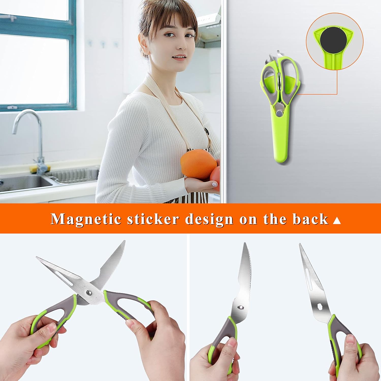 Kitchen Shears, Yangmei Kitchen Scissors Heavy Duty Meat Scissors, Dishwasher Safe Multipurpose Stainless Steel Sharp Utility Food Scissors for Chicken, Poultry, Fish, Herb, 2-Pack(Green)