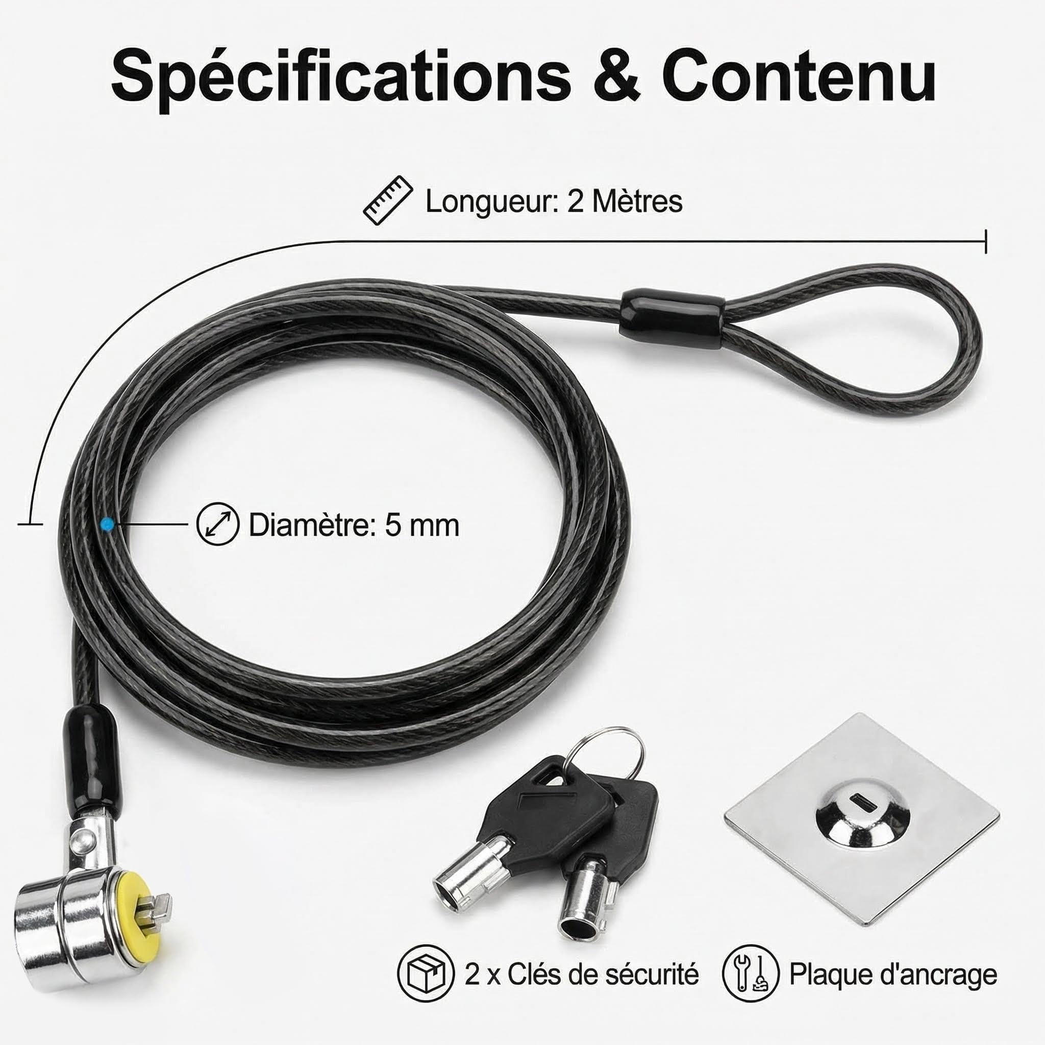 Antifurto per computer portatile, con cavo di sicurezza adesivo 3M resistente, lunghezza cavo: 2 m con 2 chiavi, per portatile / tablet / telefono