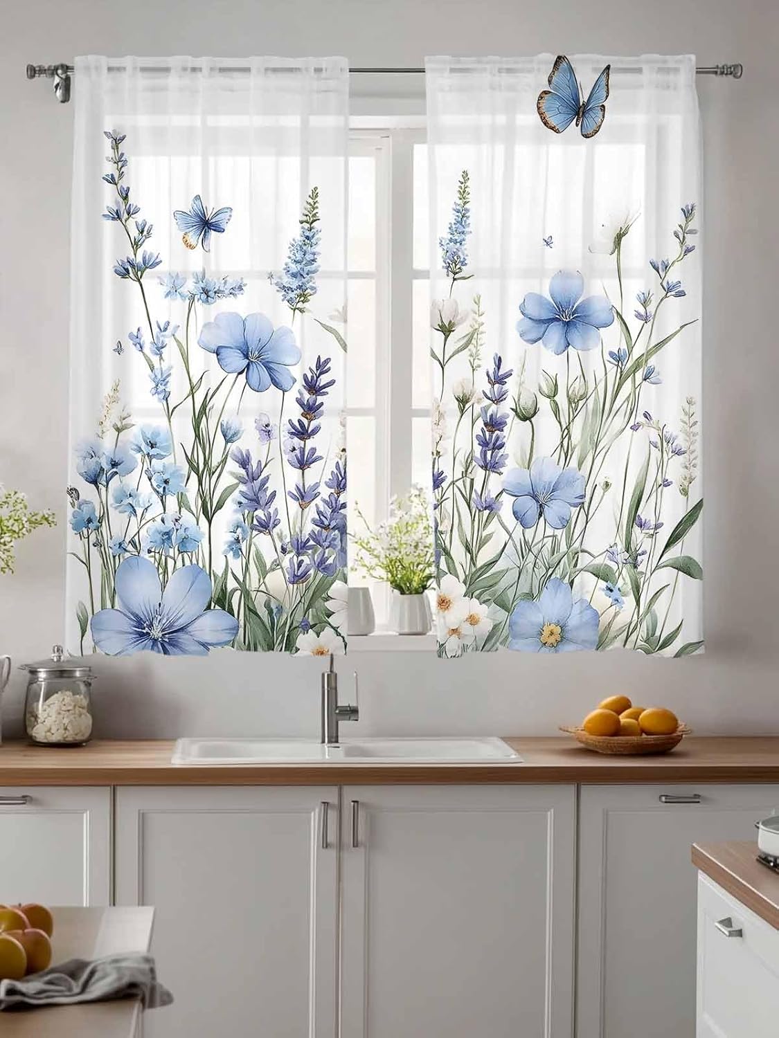 Spring Flower Sheer Curtains 63 Inch Long 2 Panels, Light Blue Floral Lavender Plants Light Filtering Rod Pocket Semi Sheer Curtains, Butterfly Sheer Voile Drapes for Living Room Bedroom, 52"x63"
