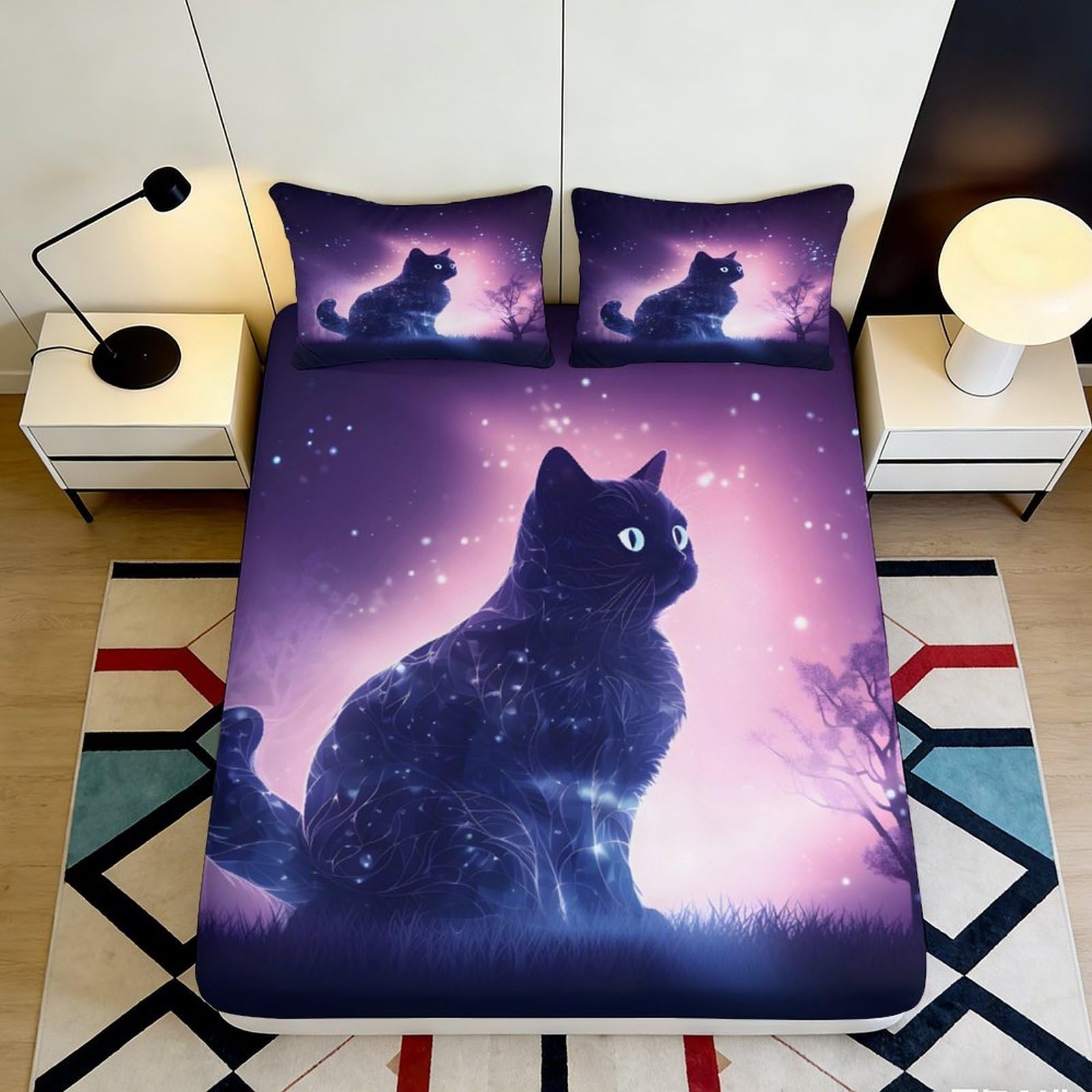 Jqzkxnhpbr Style-6 3D Printed Night Cat Fitted Sheet Microfiber Soft Purple Nebula Mattress Cover Non-Slip Bedroom Decor For Home Dorm Guestroom 90X200x25cm
