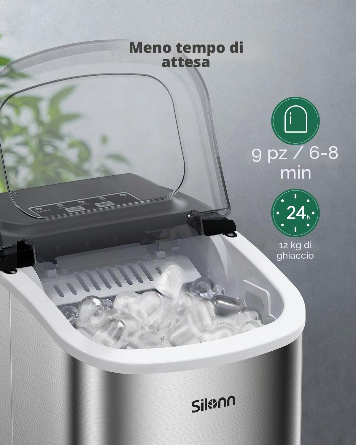 Silonn Macchina per cubetti di ghiaccio, piccola macchina per cubetti di ghiaccio con maniglia, 9 cubetti di ghiaccio in soli 6 min., 12 kg di ghiaccio in 24 ore, autopulente compatto con 2 dimensioni