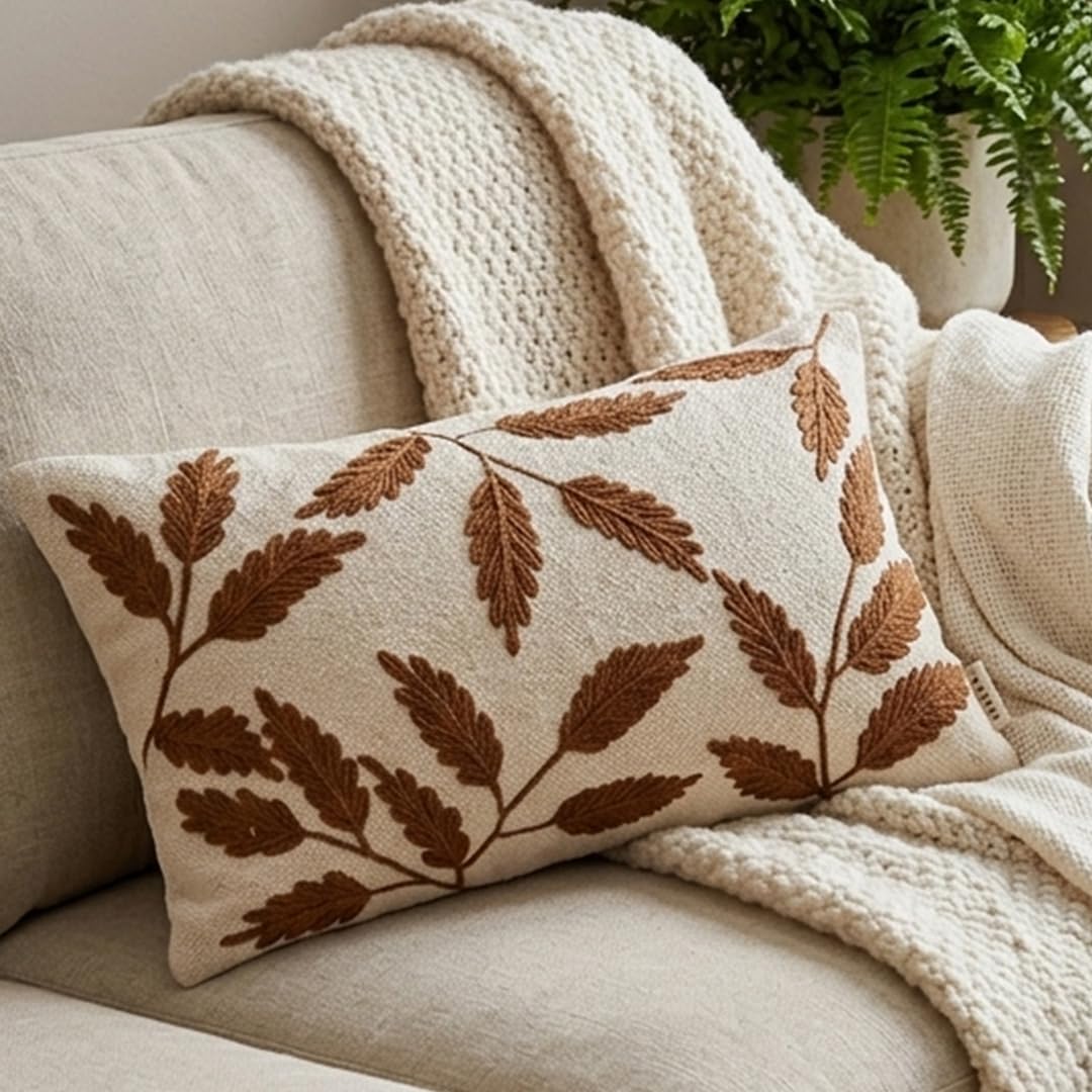 ANWYN Embroidered Cushion Cover 12"x20" – Premium Cotton Rectangular Cushion with Textured Leaf Embroidery, Aesthetic Beige Lumbar Cushion Cover for Sofa, Living Room & Bedroom Decor-picture-11