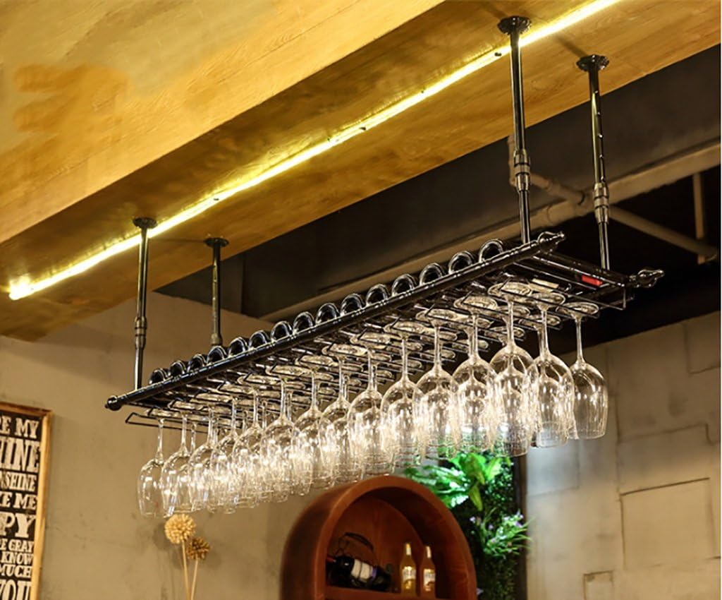 Ceiling Mounted Metal Wine Glass Holder and Red Wine Bottle Rack Elegant Glassware Storage for Home Bar Kitchen or Dining Room Space Saving Design
