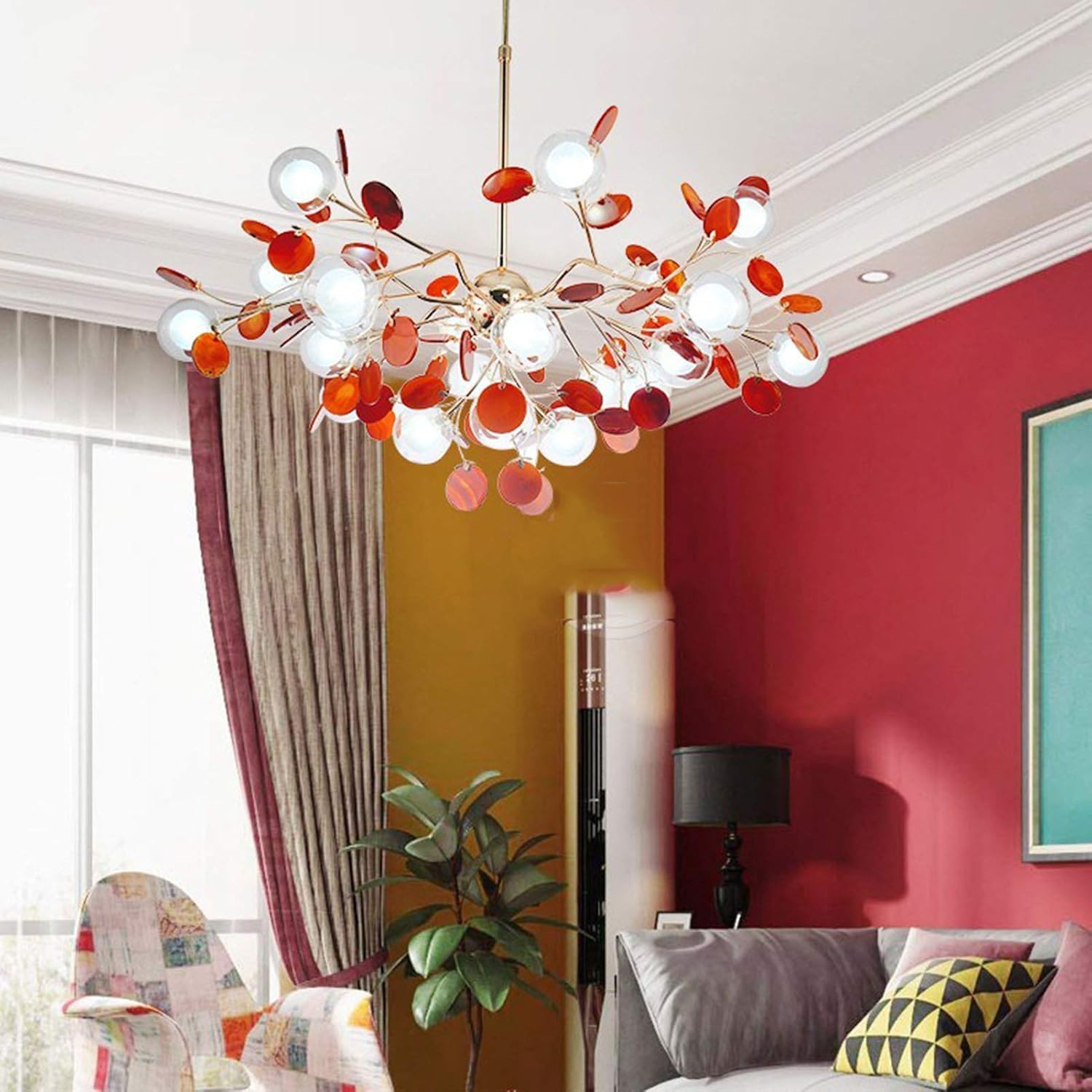 Modern Branch Chandelier with Colorful Agate Pendants, G4 LED Ceiling Light Fixture, Mid-Century Style Pendant Lamp for Living Room, Bedroom, Study, Restaurant, or Bar - Red, 27 Lights(Green)