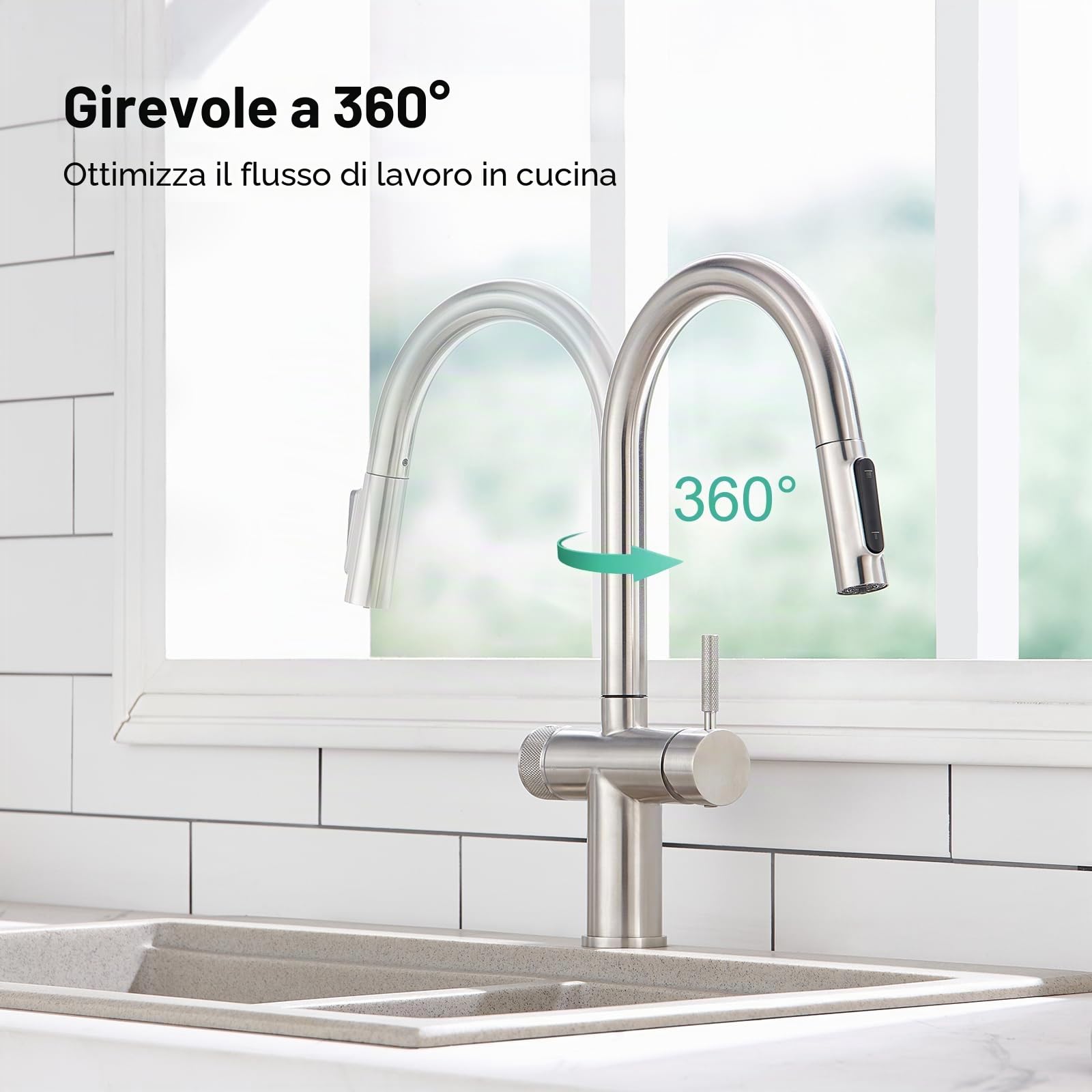 Faustina Rubinetto da Cucina a 3 vie con Doccetta estraibile, Rubinetto da Lavelli per Cucina a doppia leva 3 in 1 per filtro Dell'acqua Osmosi spazzolato