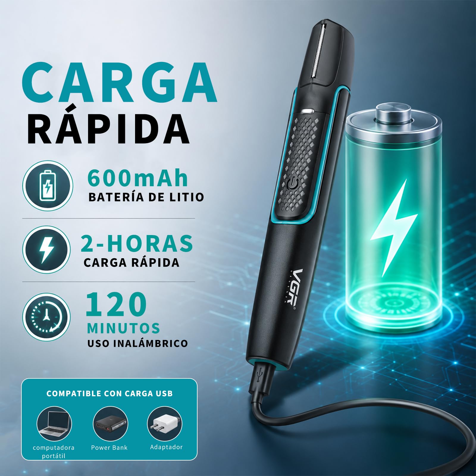 VGR 602 Afeitadora Corporal para Hombre, Cabezal en V, Extensible, IPX6 | Body Groomer con Diseño de Varillas Extensibles, Recortador con 4 Accesorios, Carga USB