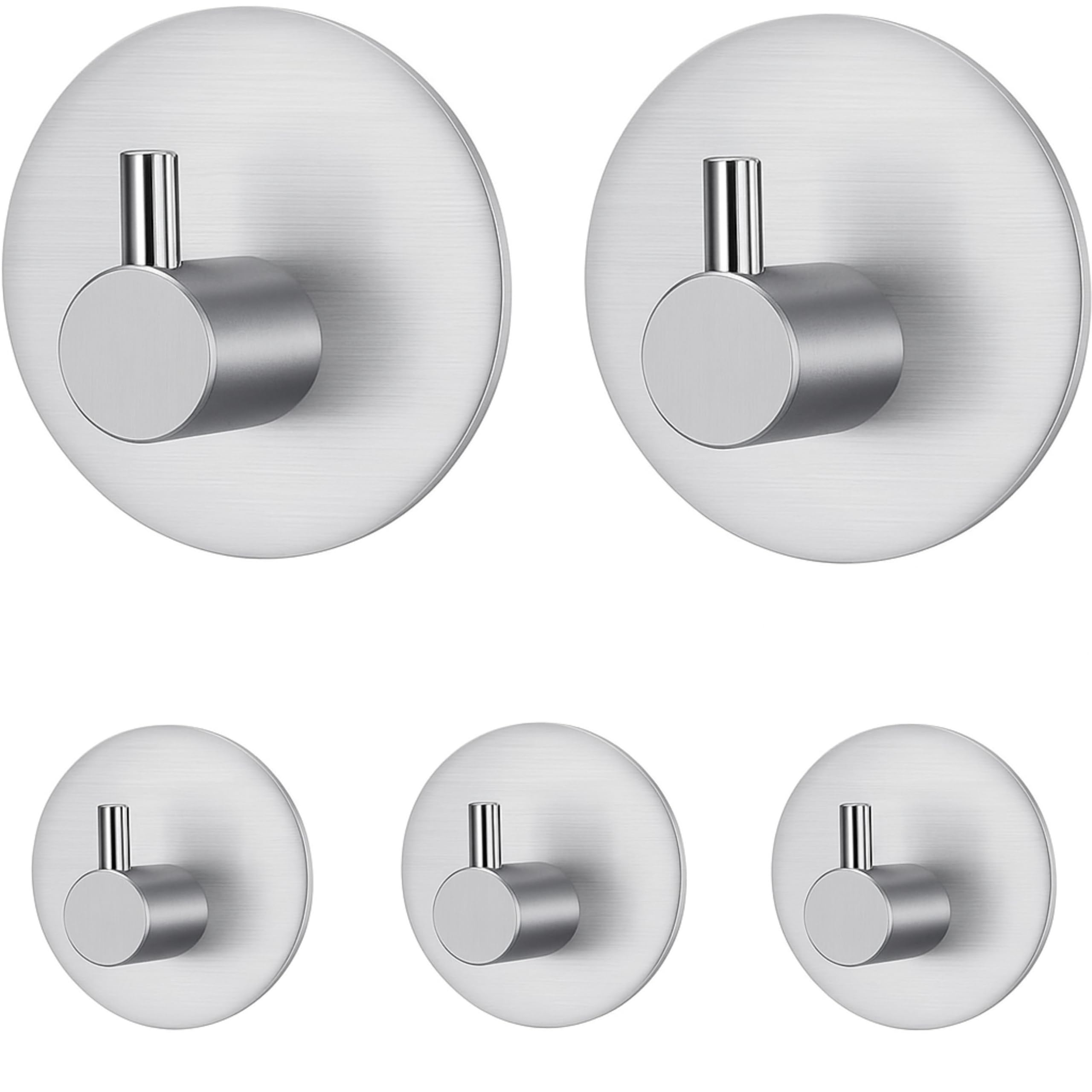 JIALTO 5 Pcs Adhesive Hooks Heavy Duty Stick on Wall Hooks Towel Hooks Door Hooks Waterproof Stainless Steel Adhesive Towel Hooks Holders for Hanging Clothes Bathroom Adhesive Hook (Round Silver)