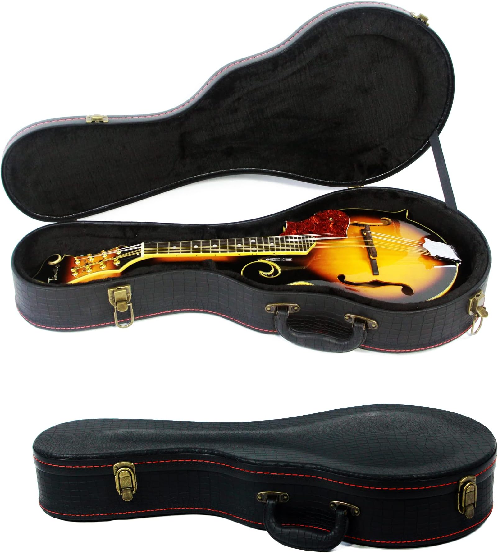 Mandolin Hard Case, F-Style Mandolin Case, Crocodile Pattern Leather Bulge Surface with Plush Interior Wooden Case (Black)
