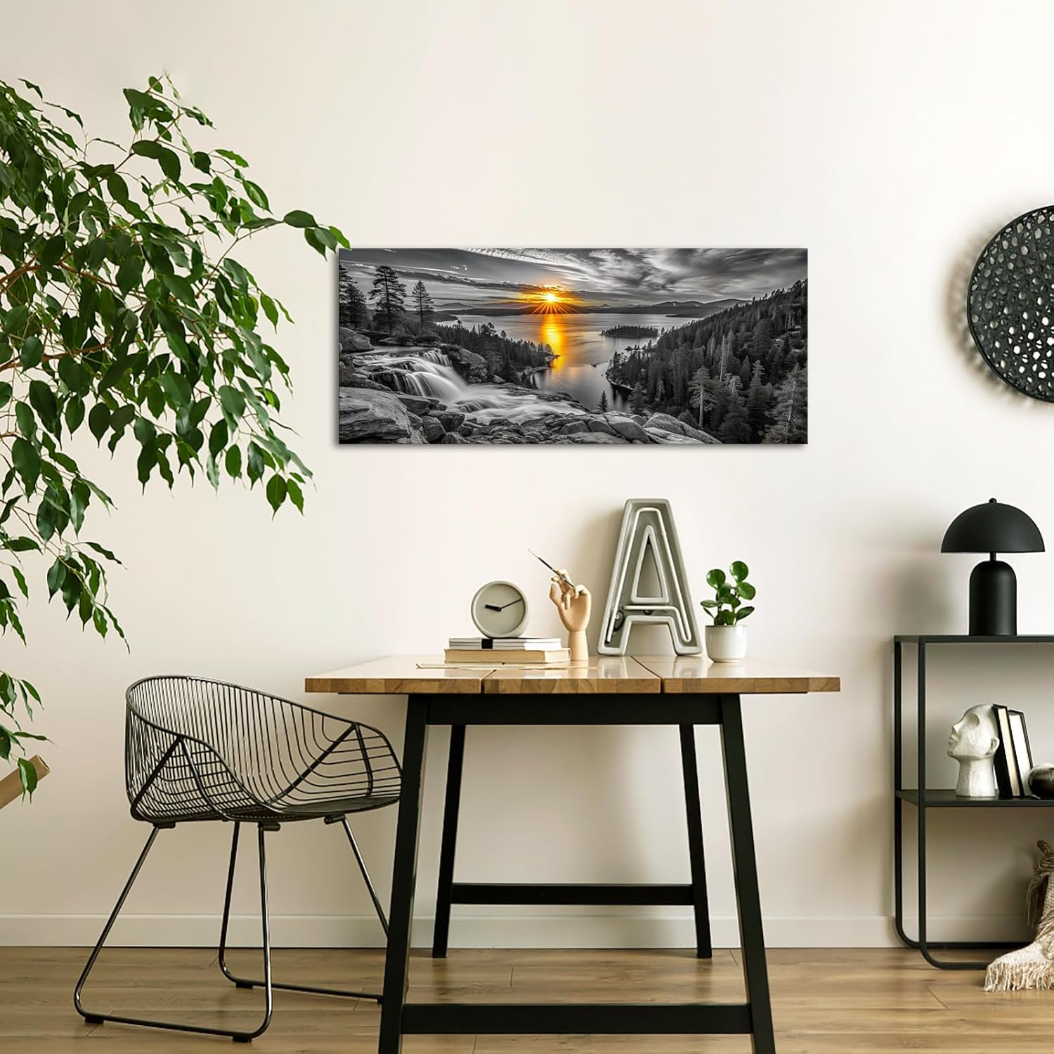 iKNOW FOTO Lake Tahoe Wall Art 20x48 Inch Black and White Landscape with Color Sunset Lower Eagle Falls and Emerald Bay Scenic Photography Canvas Print for Living Room Bedroom Office Ready to Hang