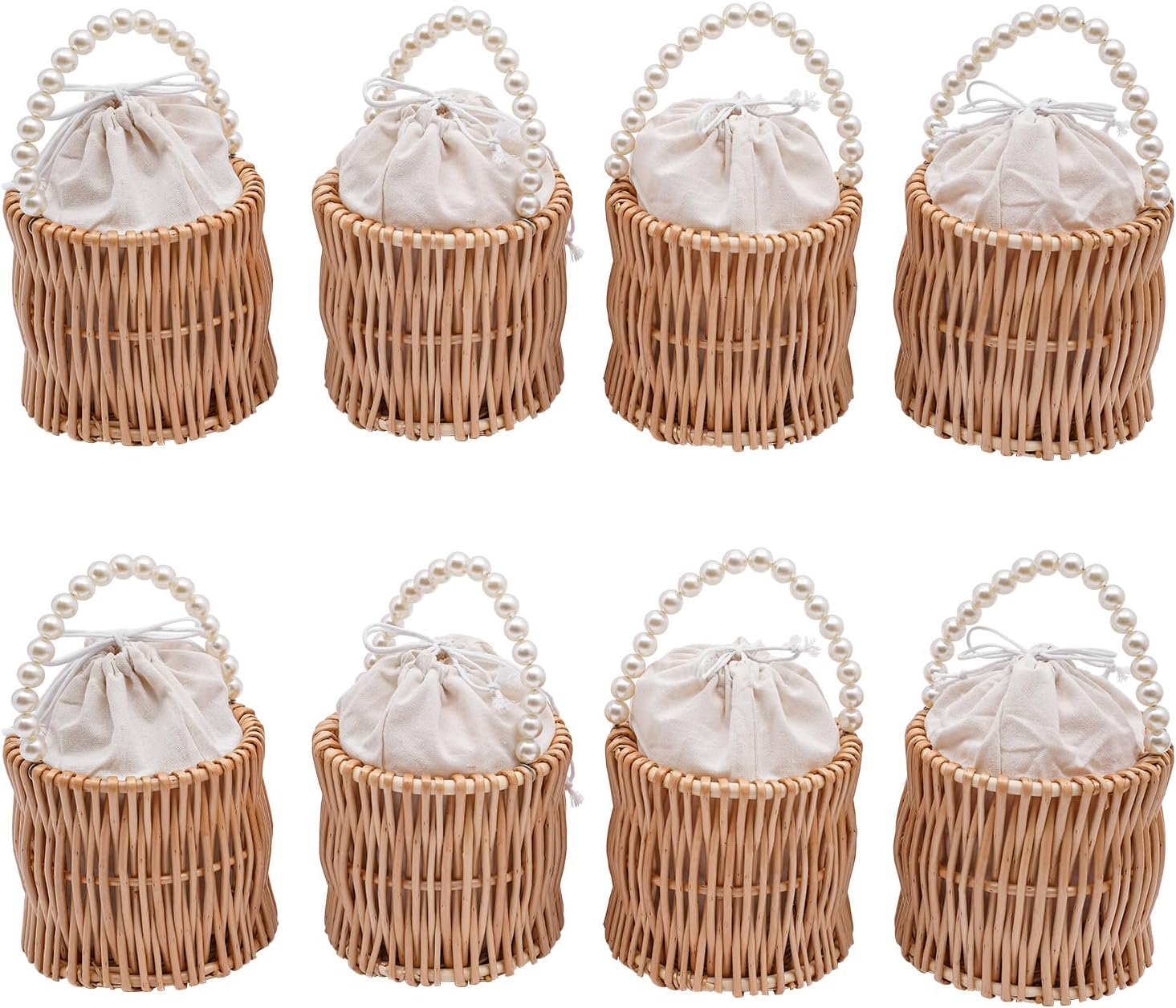 8 Pcs Wicker Rattan Flower Girl Basket, Pearl Handle Flower Girl Basket, Wedding Flower Decorative Wicker Flower Basket for Home Wedding Birthday Decor