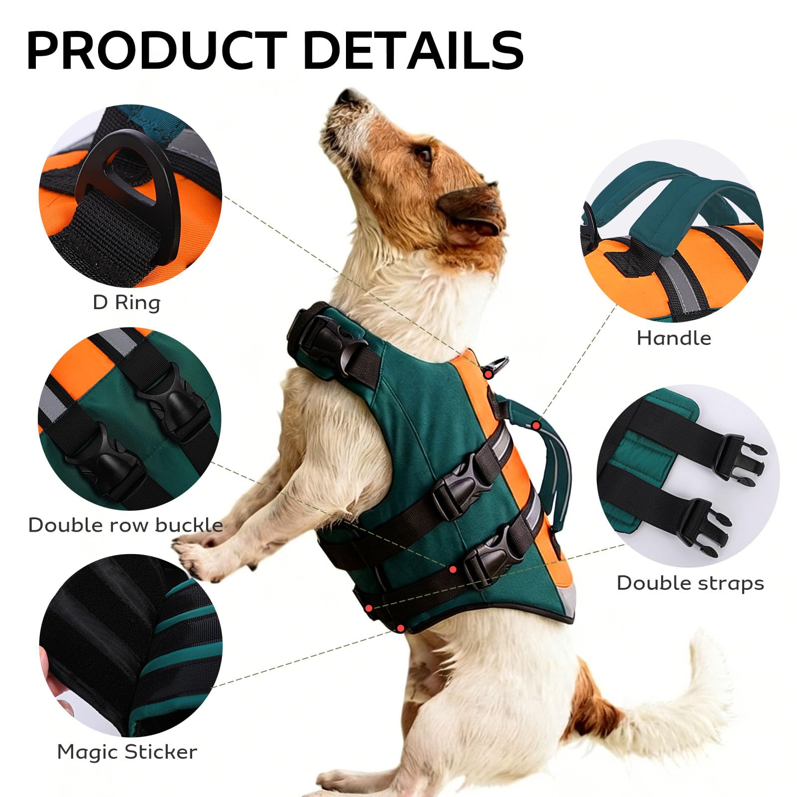 CITÉTOILE Gilet de Sauvetage pour Chien Double Poignée Flottant Réfléchissant Poignée Renforcée Sangles Réglables Vert XL