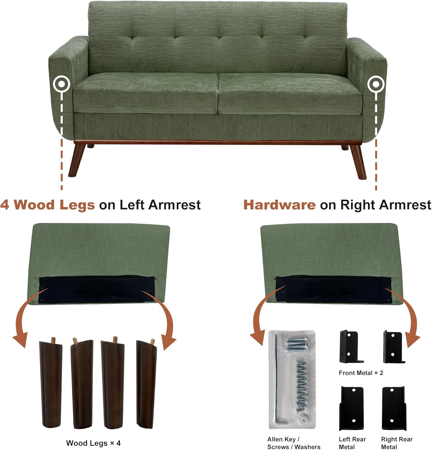 Loveseat assembly components including wood legs and hardware kit