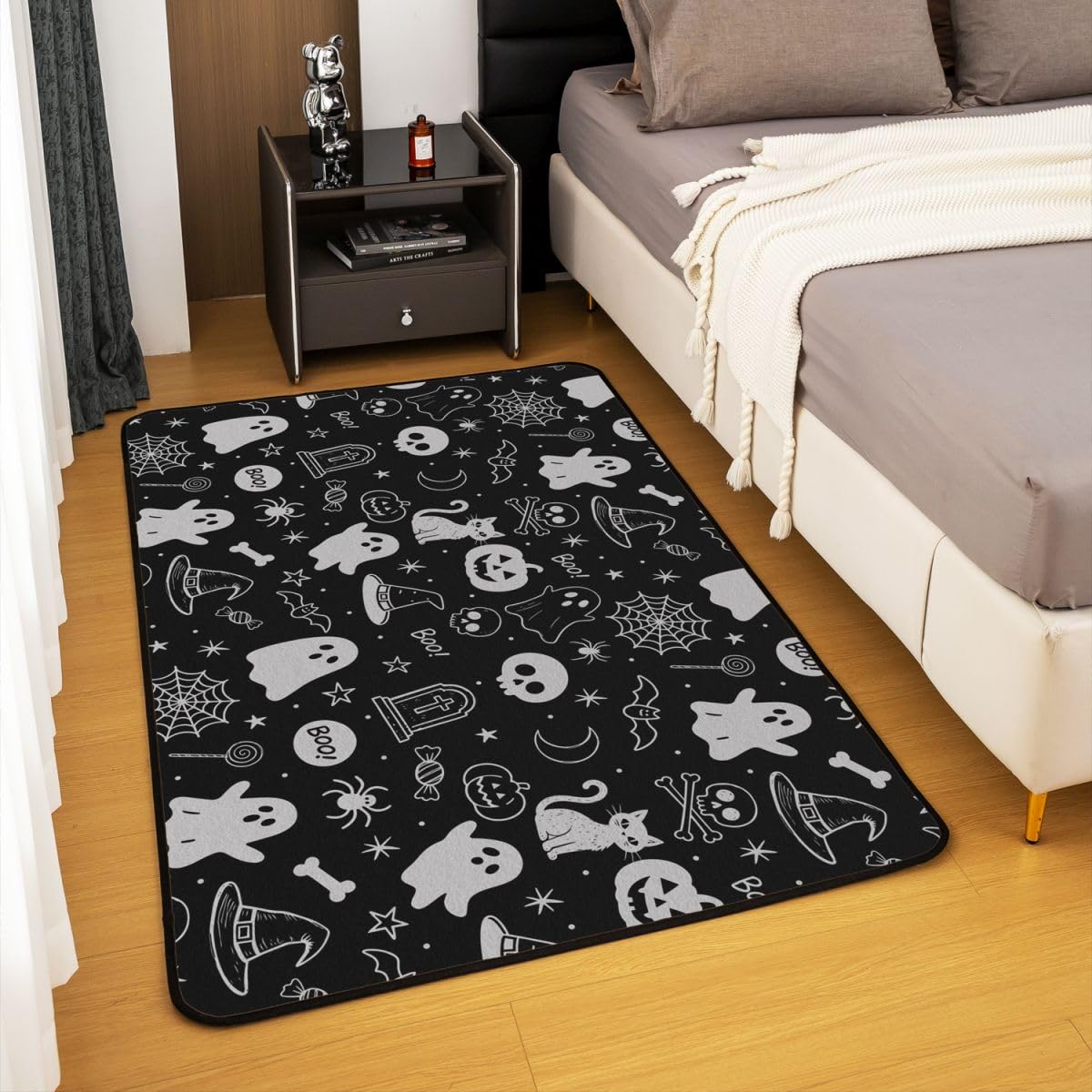 Manfei Halloween Kürbis Laterne Bereich Teppiche,Hexenhut Ghost Spider Web Rutschfester Teppich Schwarzes Fledermaus Sterne Skelett Indoor Fußbodenmatte Home Wohnzimmer Dekor,100 x 150 cm