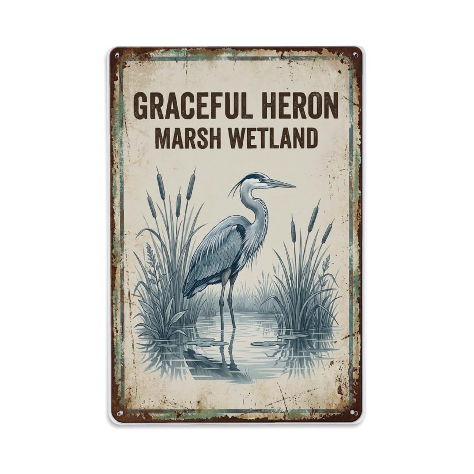 Fqnyr Style Graceful Heron Marsh Wetland Shore Metal Tin Sign Plaque Wall Decor For Cafe, Club Bar, Office, Home Garden Metal Poster 8X12inch