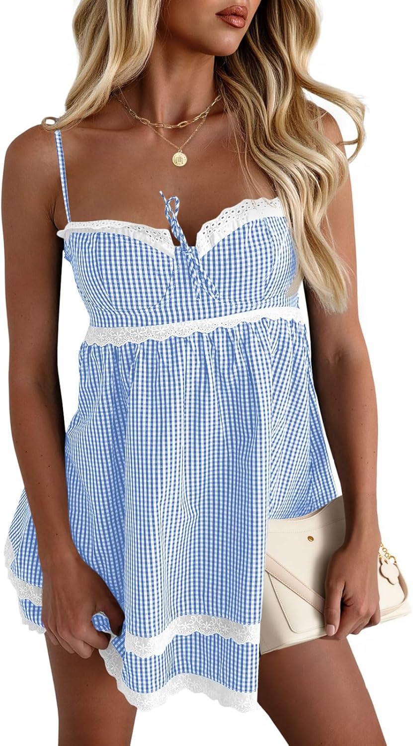 Wenrine Womens Summer Mini Dress Spaghetti Strap Sweetheart Y2K Plaid Lace Trim Tiered Beach Sundress Dresses