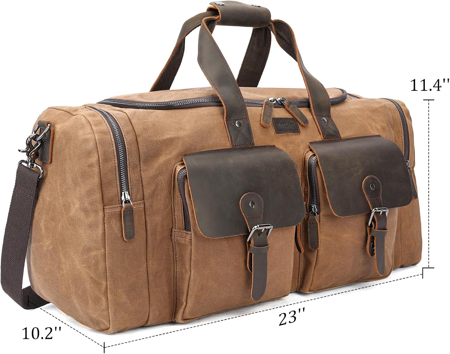 POLARE 23" Waxed Canvas Leather Duffel Bag for Men & Women, Waterproof Carry On Weekender Travel Bag with YKK Zippers, Large Overnight Gym Bag with Luggage Strap for Business Trips