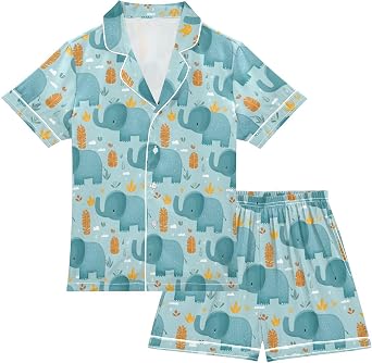 Cute Animals 2 Piece Satin Pajamas Set Casual Button Down Silk Sleepwear Summer Nightwear